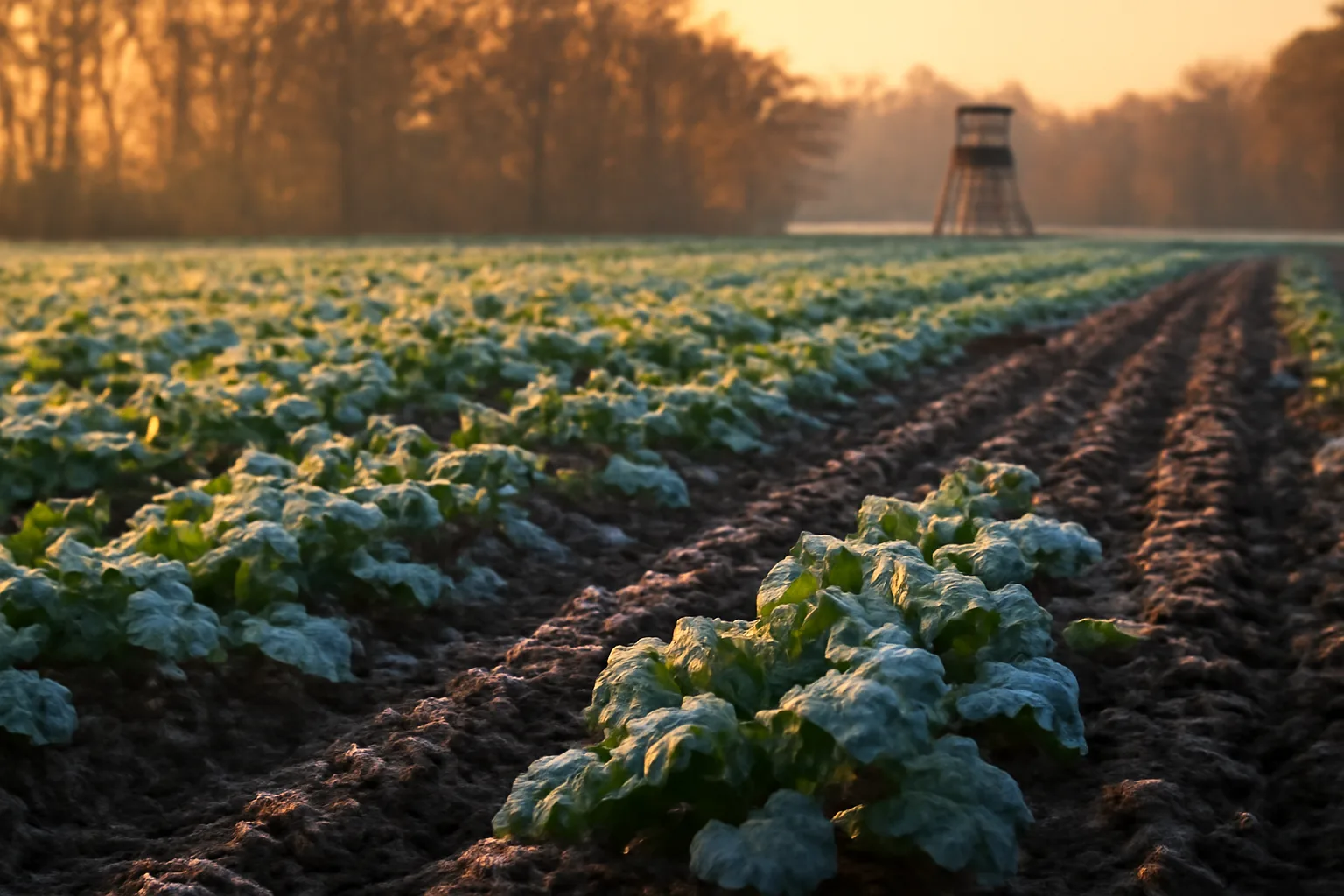 Frost-covered turnip food plot leaves in a fall deer hunting field at dawn