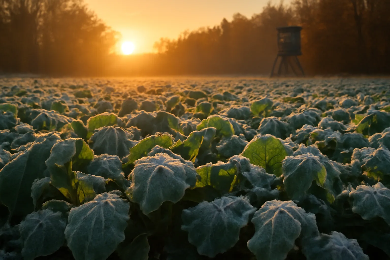 Frosted turnip food plot at sunrise with a deer stand at the tree line