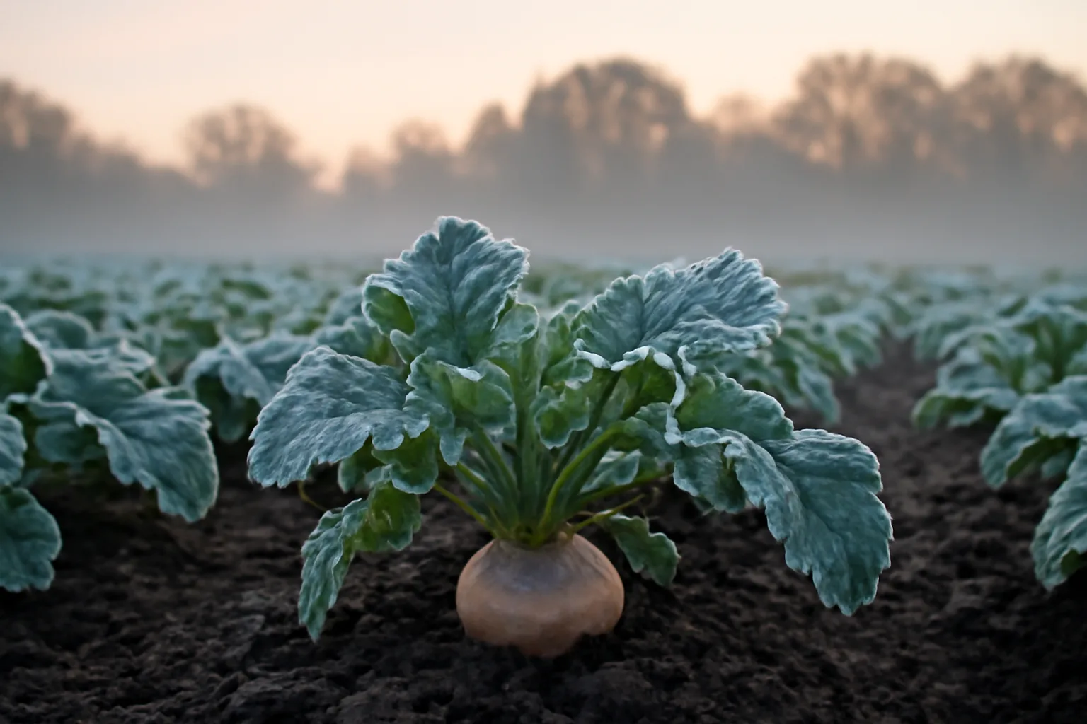 Frost-covered turnip food plot leaves and bulbs at sunrise near a treeline