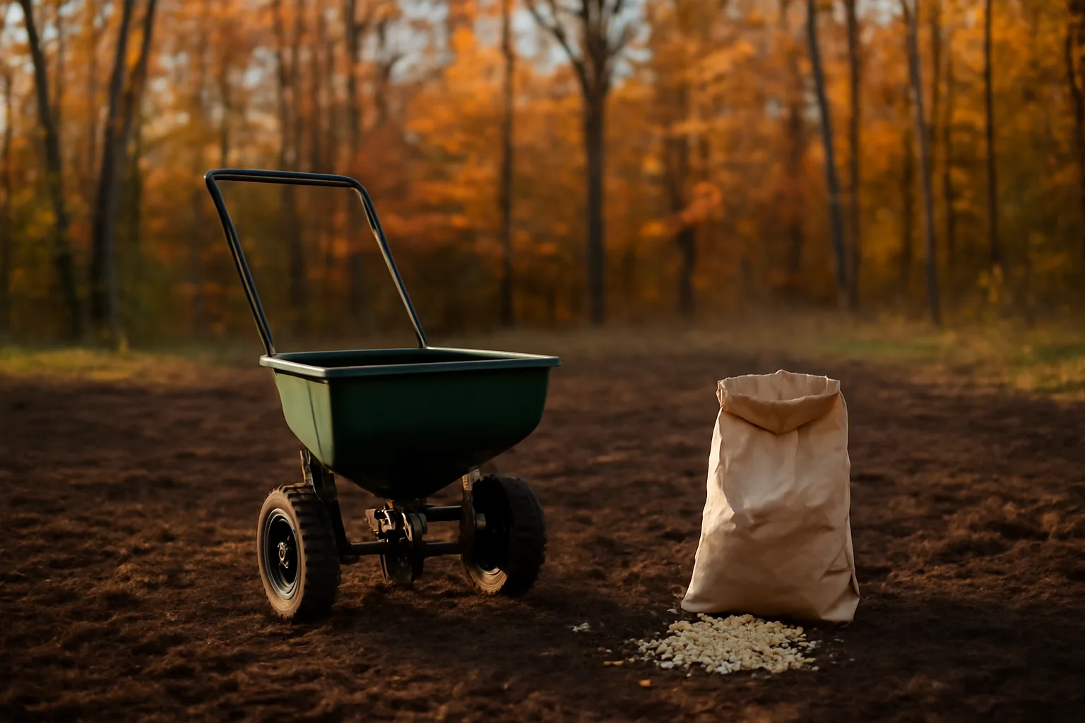 Tilled food plot clearing in autumn woods with seed spreader and open seed bag