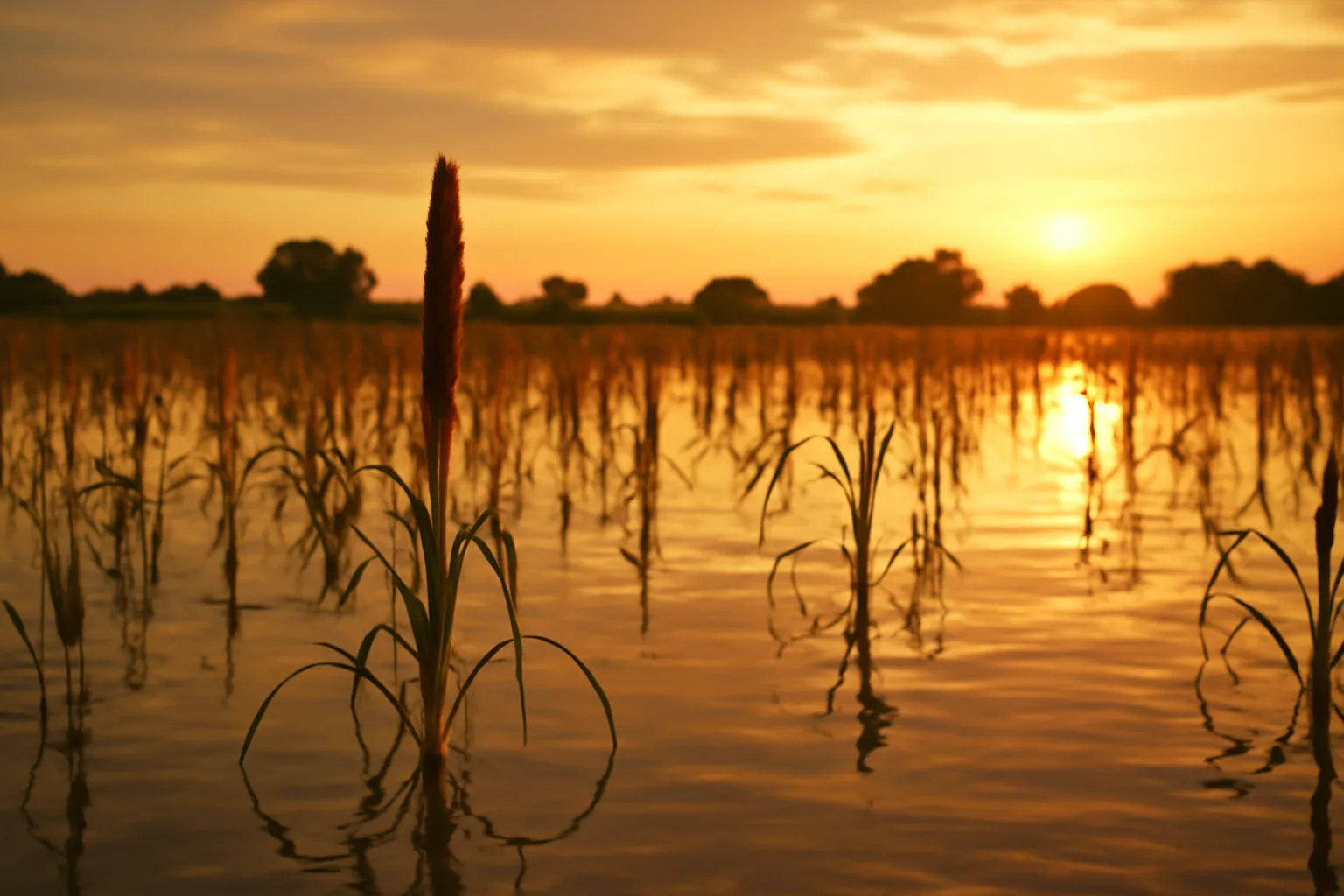 Flooded millet field at sunset showing waterfowl food plot seed heads above shallow water