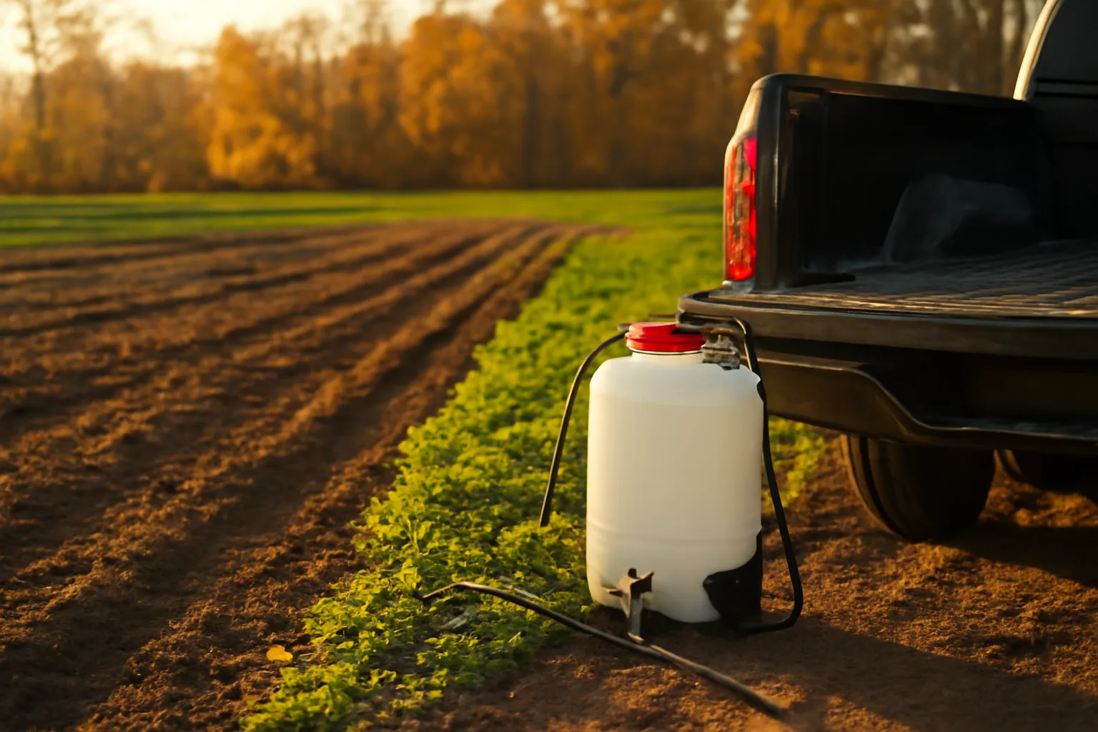 Backpack sprayer beside a food plot showing weed killer application on cleared dirt rows