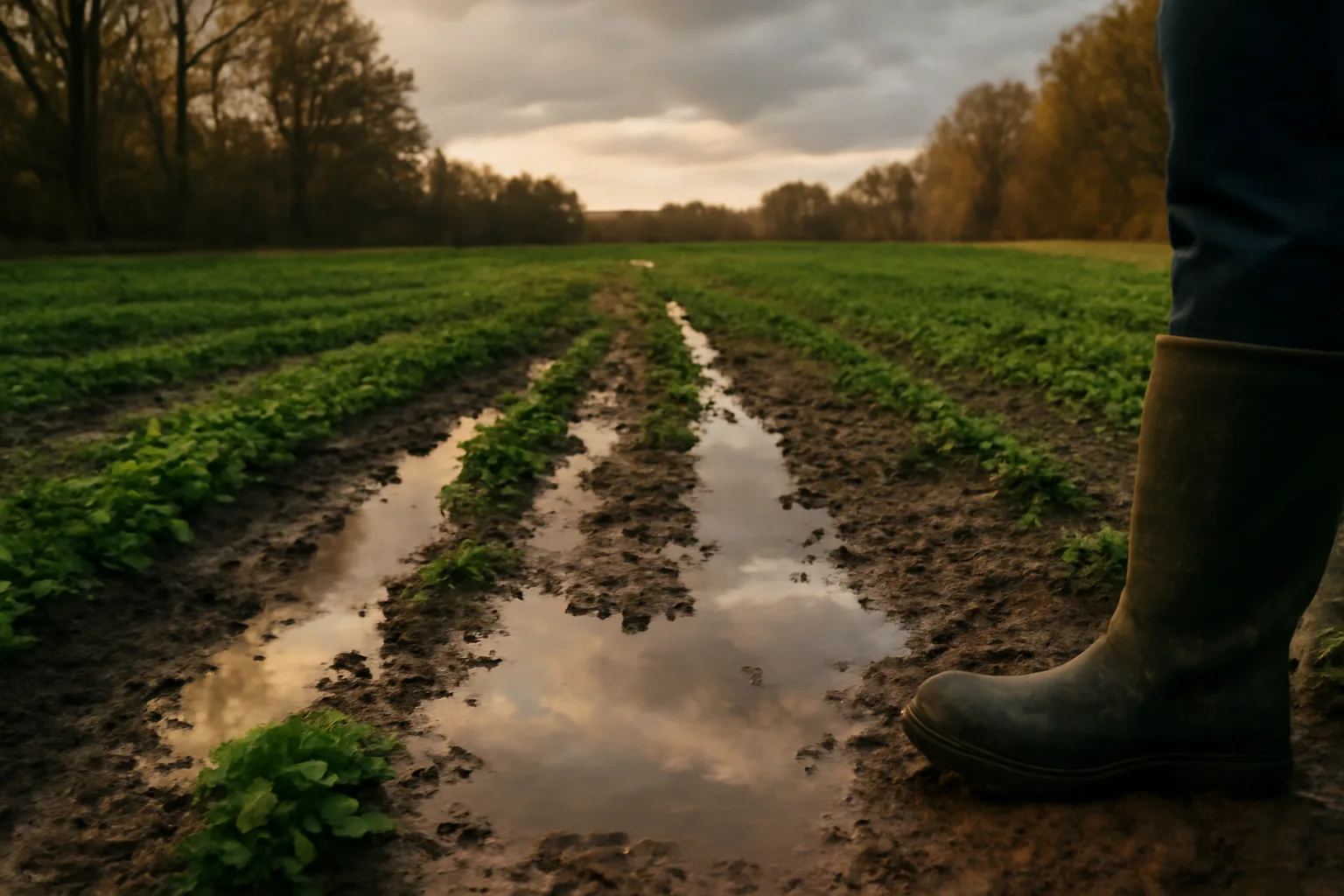 Standing water between clover rows in a low, muddy wet soil food plot