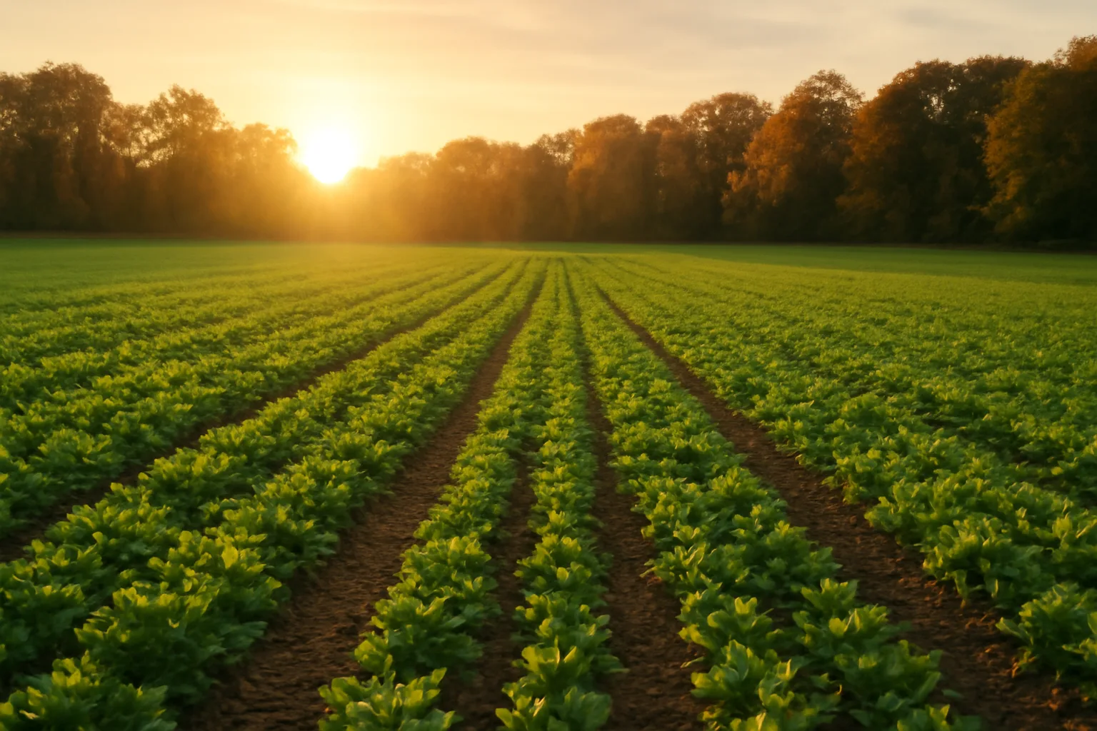 Golden hour view of a planted green food plot field bordered by autumn trees
