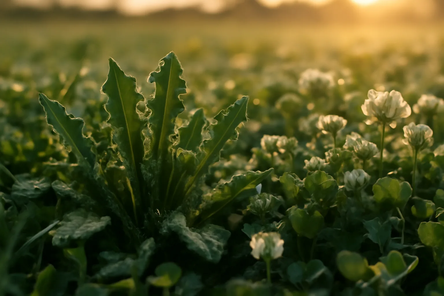 Close-up of jagged chicory leaves growing among clover in a food plot