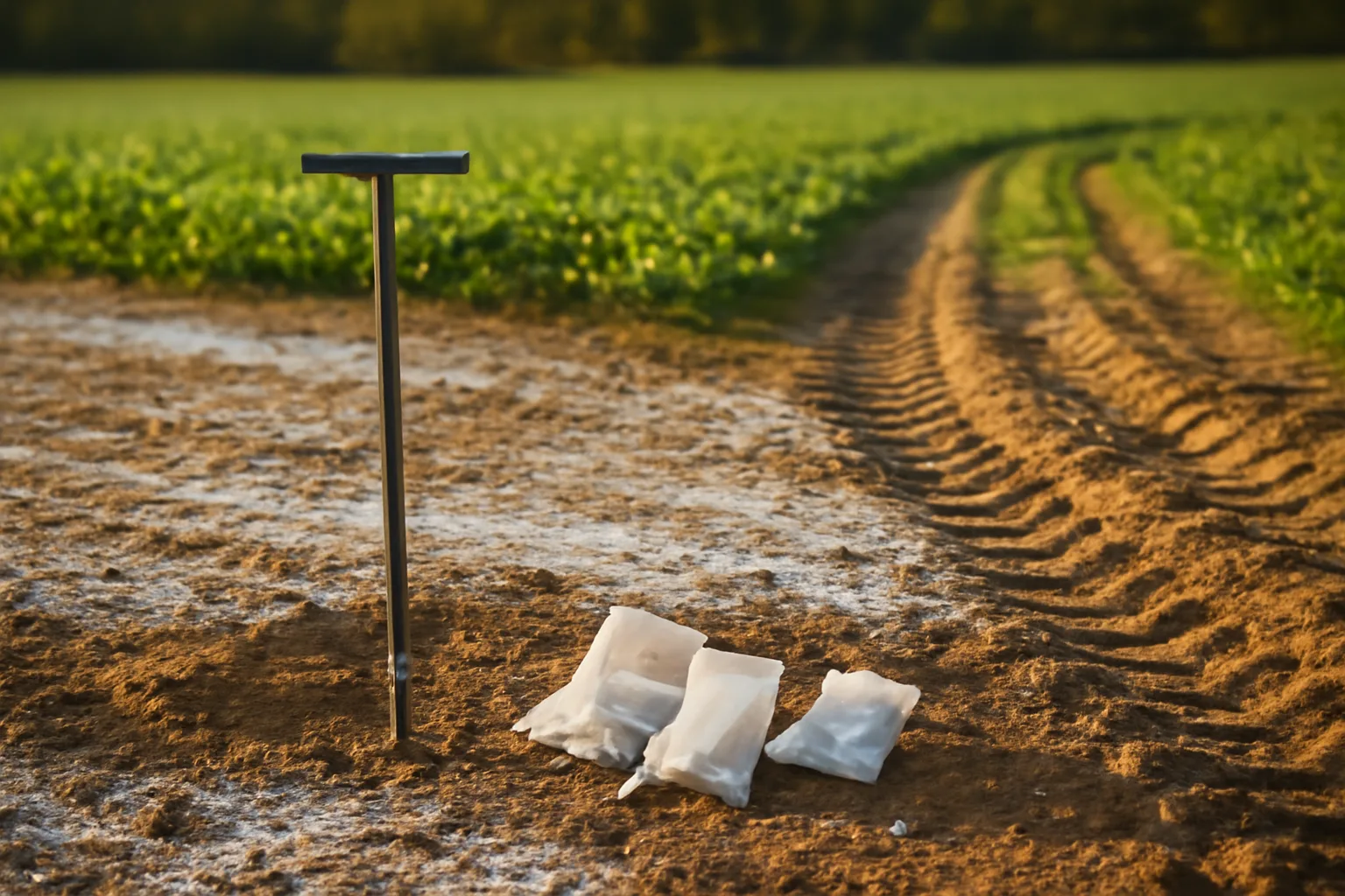 Soil sampling tools resting on a food plot field before fertilizing and planting