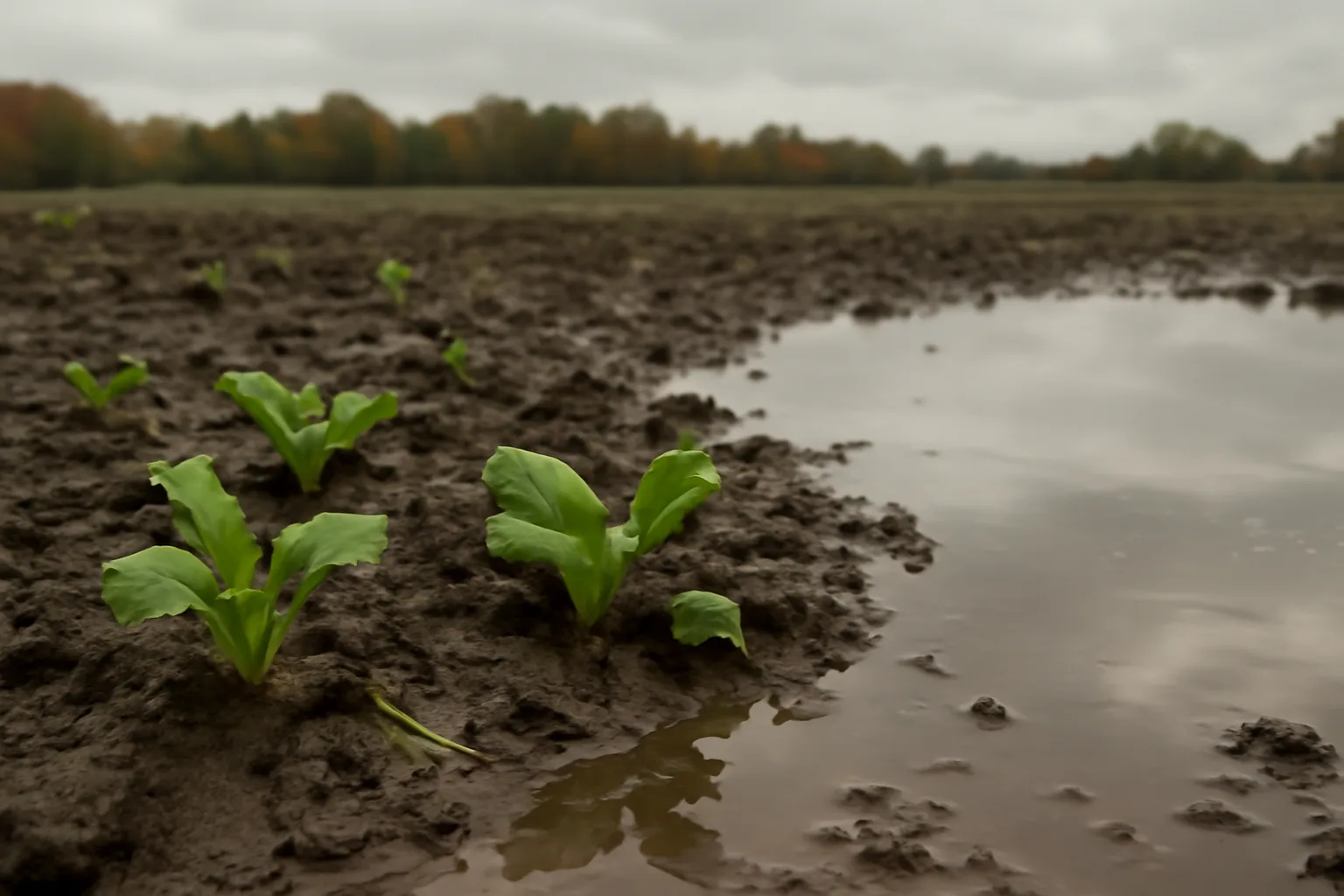 wet food plot field with standing water and young turnip greens emerging from mud