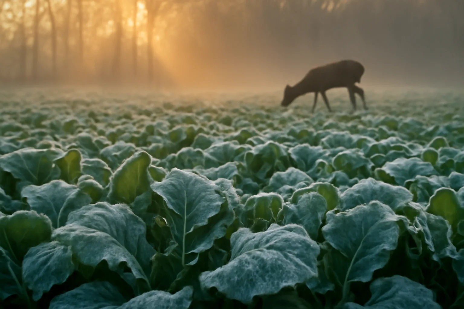 Whitetail doe grazing a frosted turnip food plot at sunrise