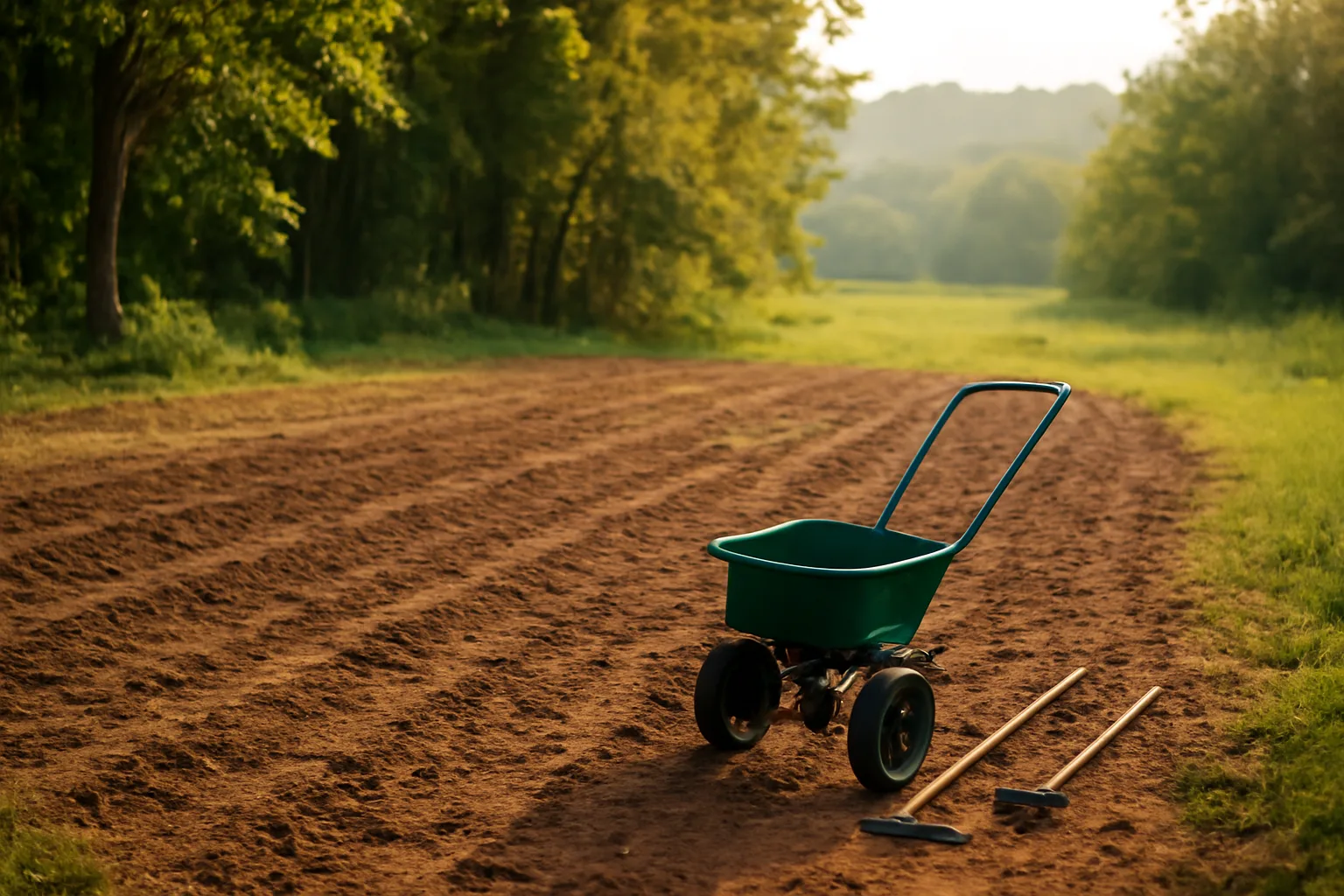 Freshly disked food plot rows in a wooded clearing during August planting season