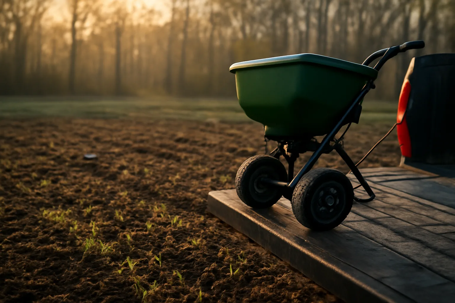 Freshly tilled spring food plot at dawn with new clover shoots and dew