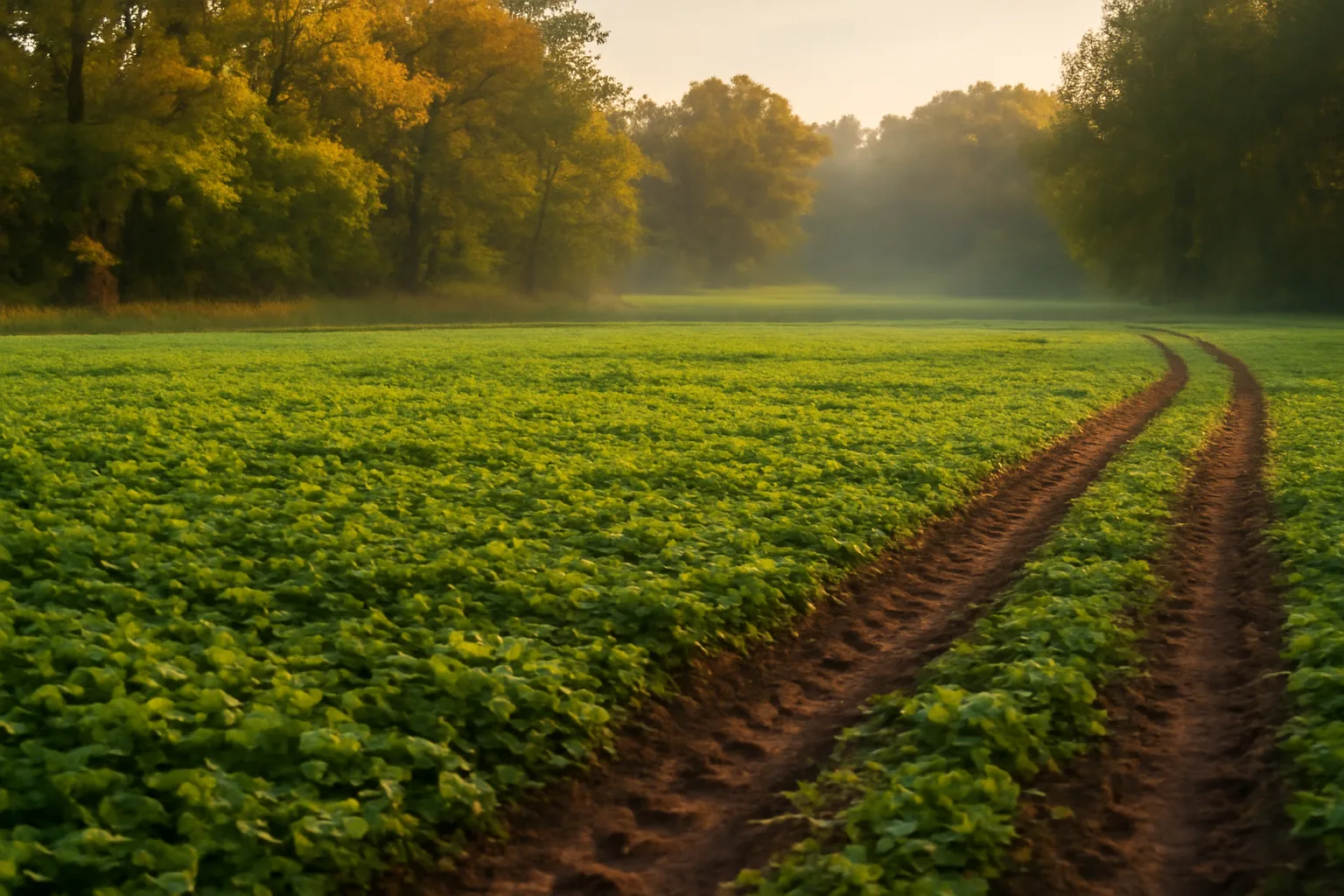 planted clover food plot at forest edge in late afternoon light