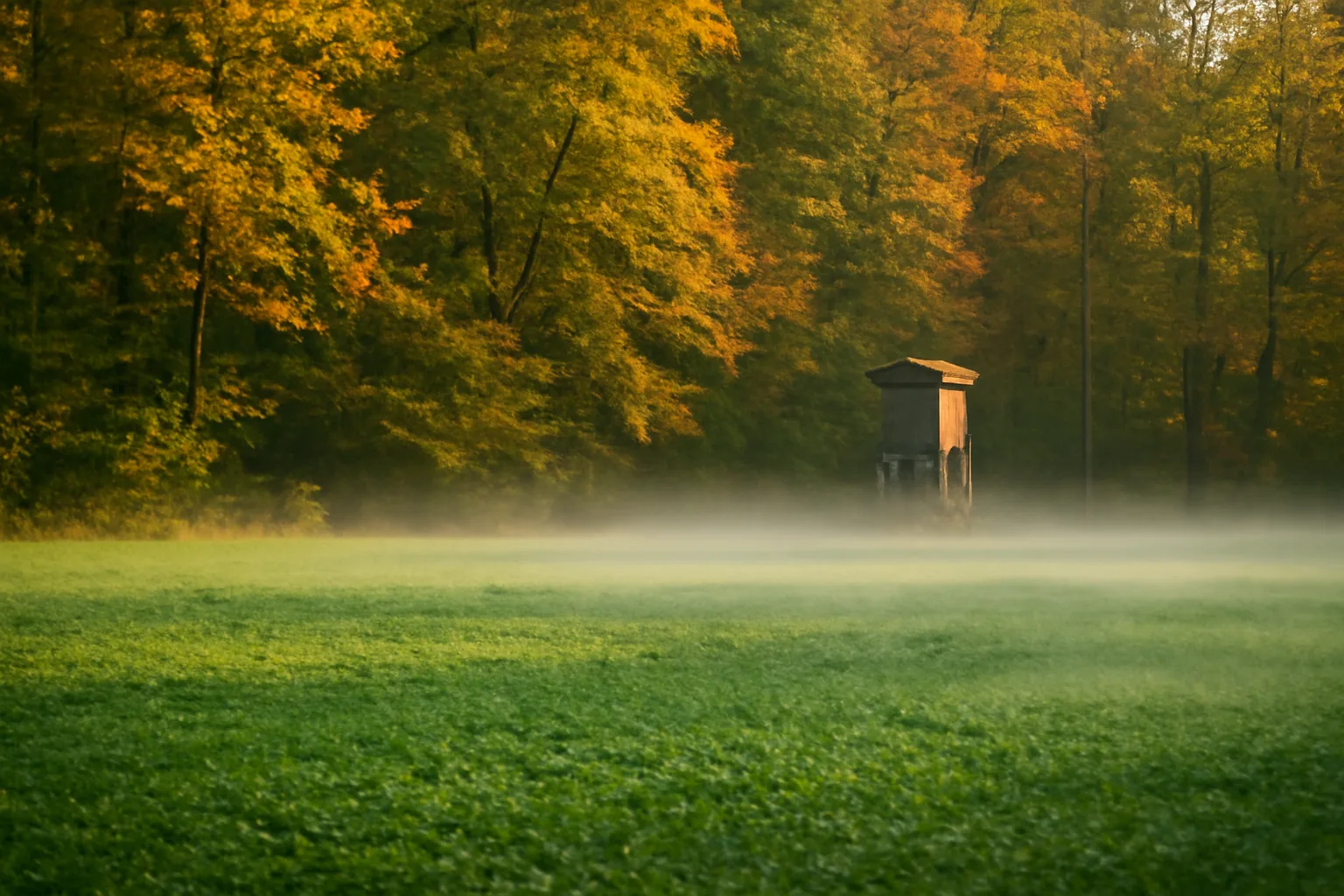 Small green clover food plot for deer bordered by autumn hardwood forest at dusk