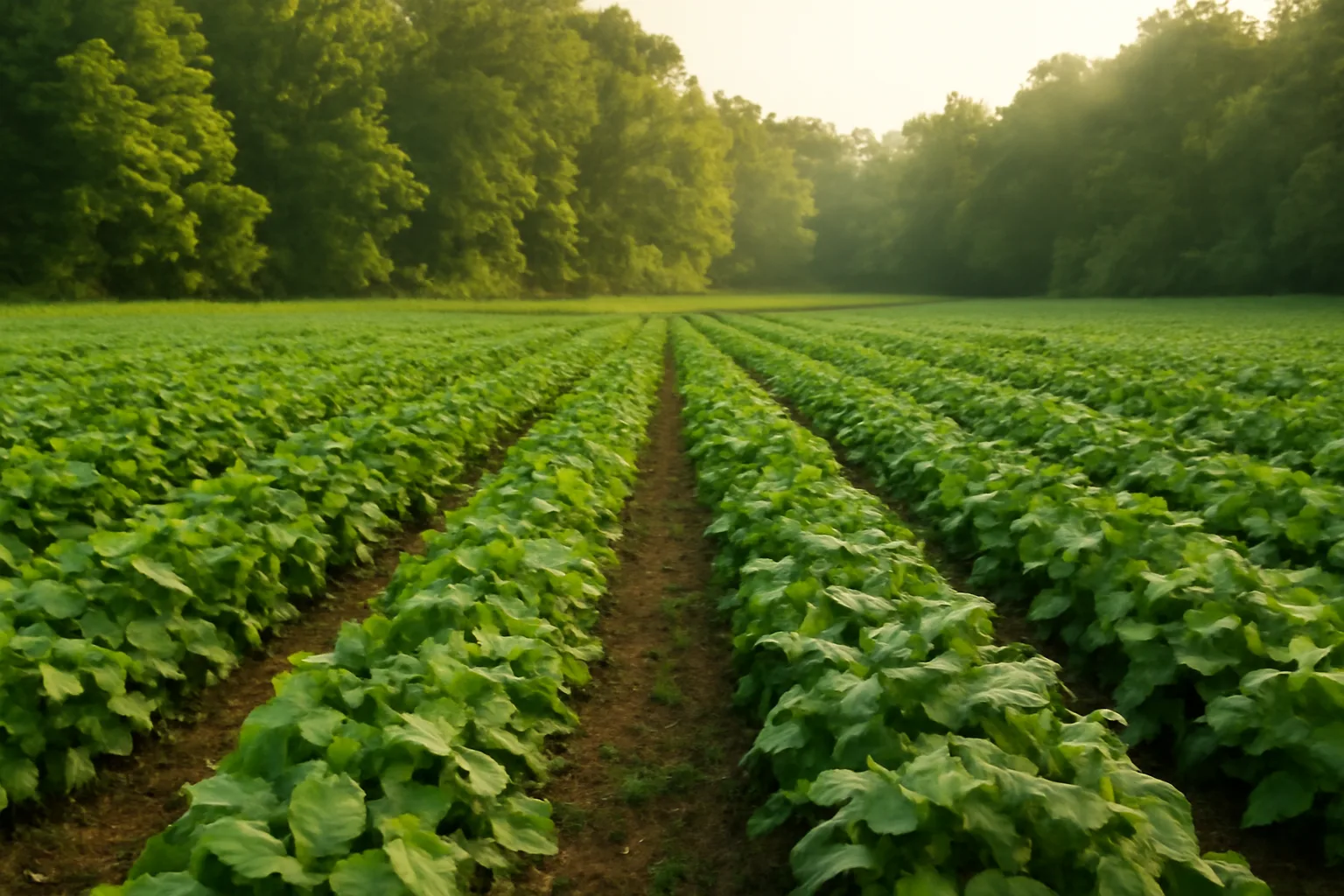 Green summer food plot of soybeans and cowpeas bordered by timber at sunrise