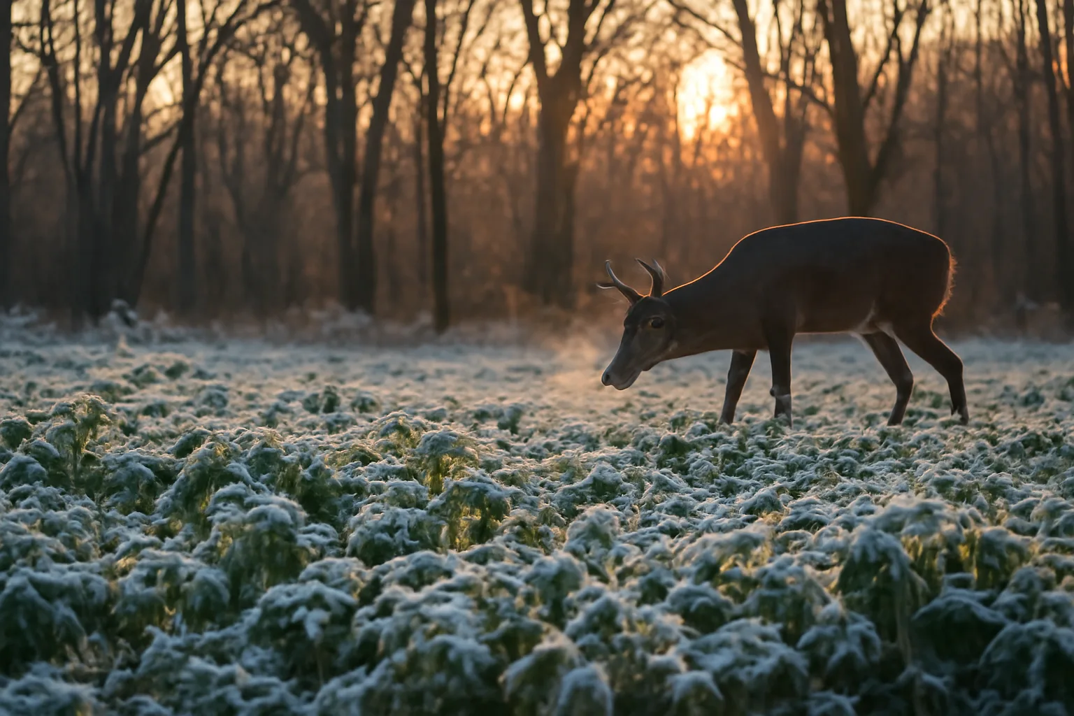 Frosted winter food plot at dawn with deer browsing brassica greens near tree line