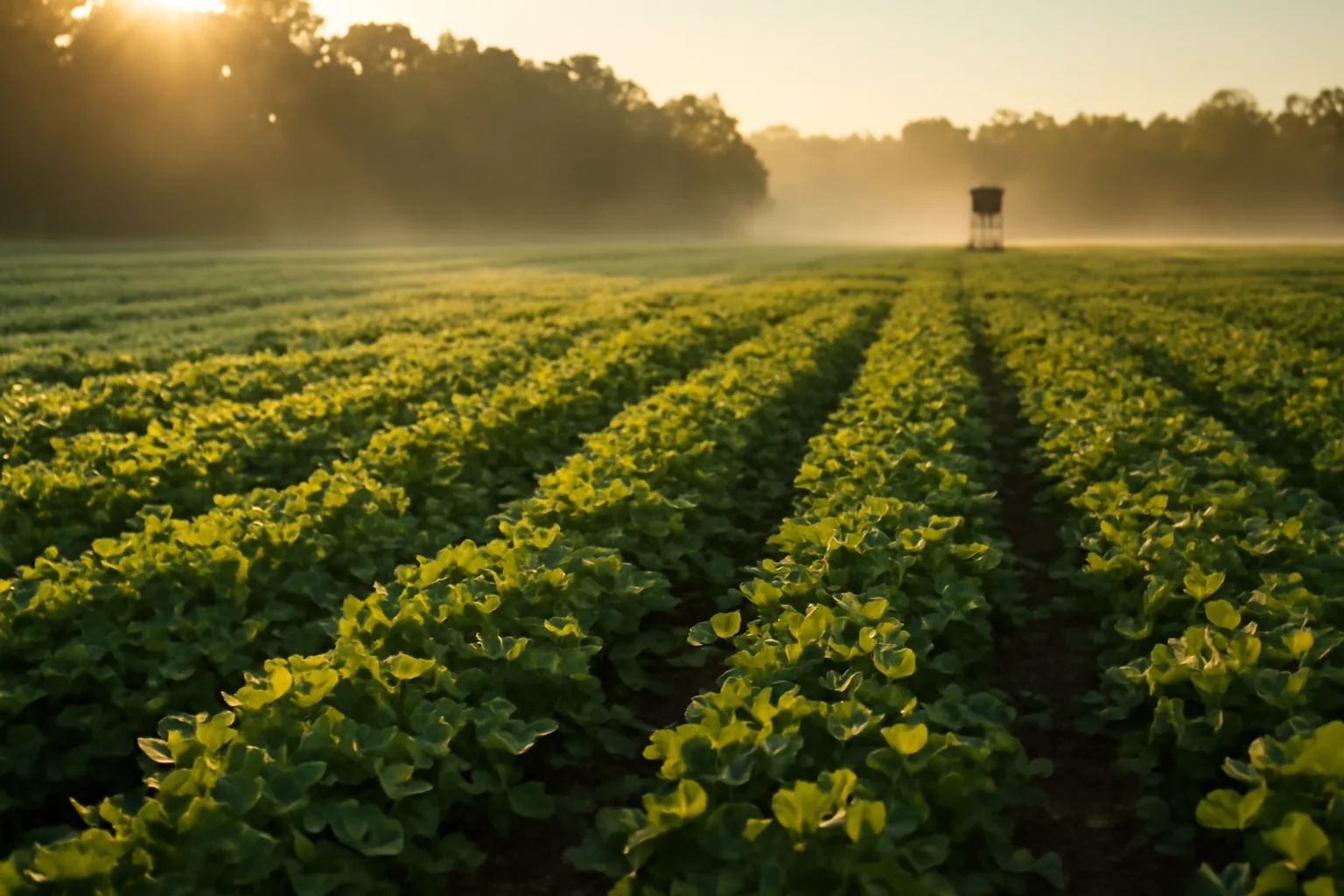Golden hour view of a clover deer food plot bordered by autumn woods