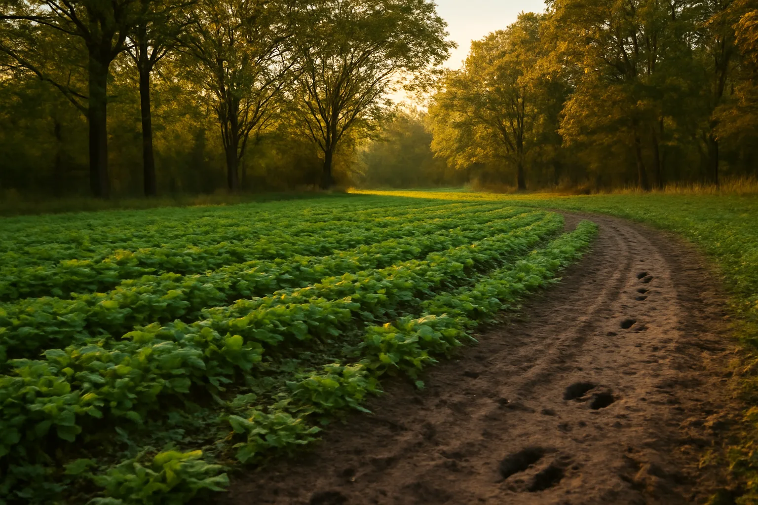 Food plot seed grown into rows of clover and turnips in a forest clearing
