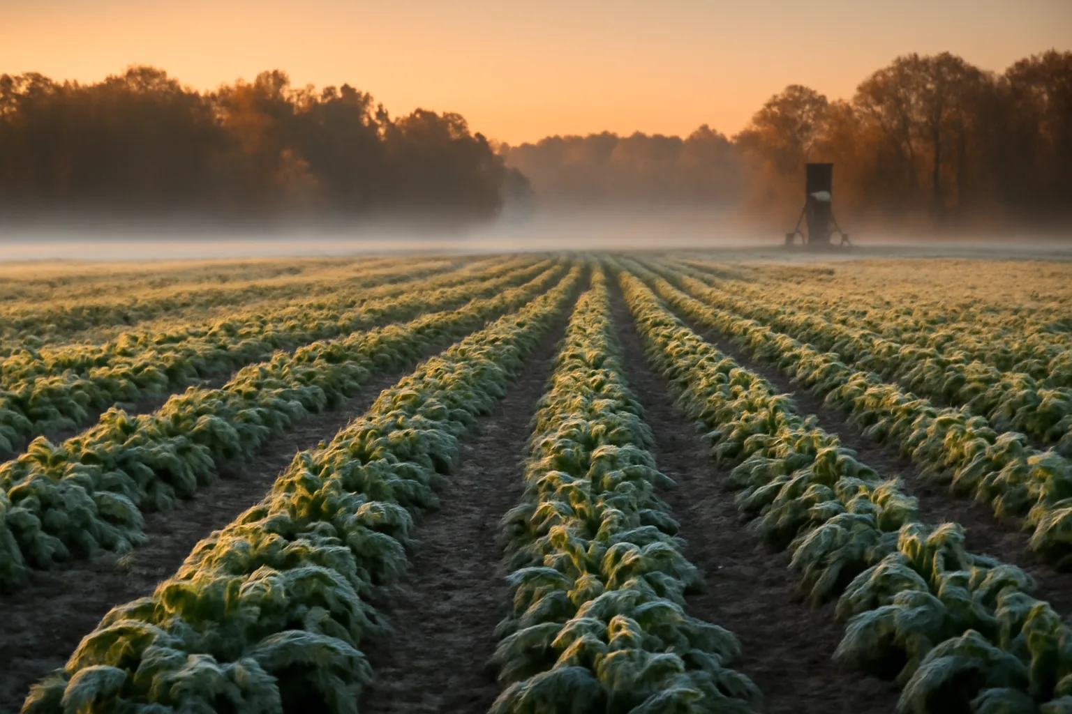 Frosted fall deer food plot with turnip and grain rows at sunrise