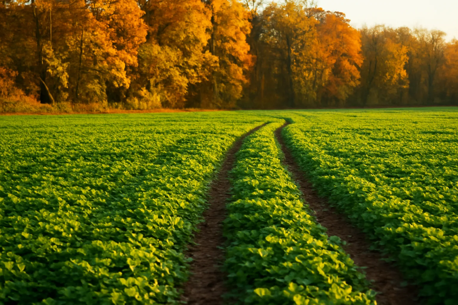 Clover food plot bordered by hardwood trees at sunset during deer season