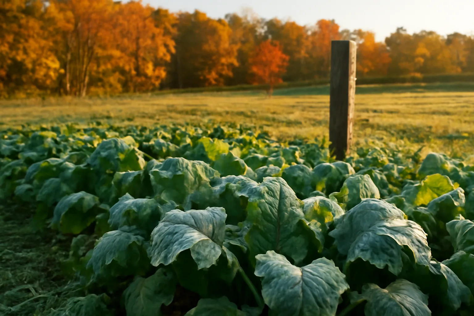 Frost-covered turnip food plot for deer bordered by autumn hardwoods at dusk