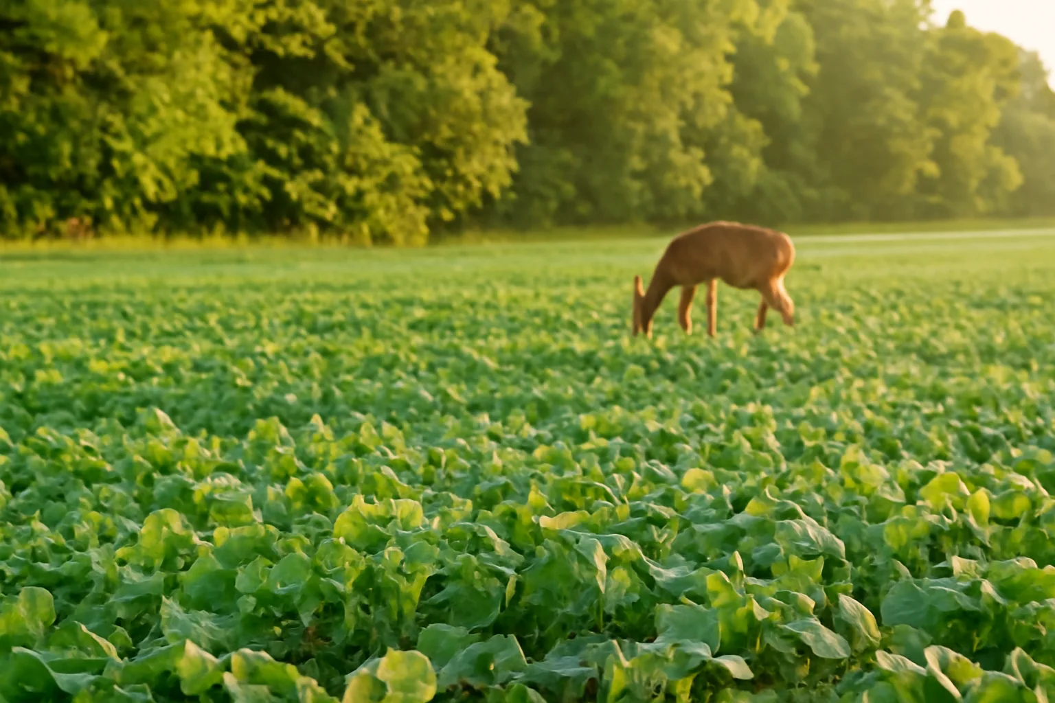 Whitetail deer grazing in a lush green summer food plot at sunrise