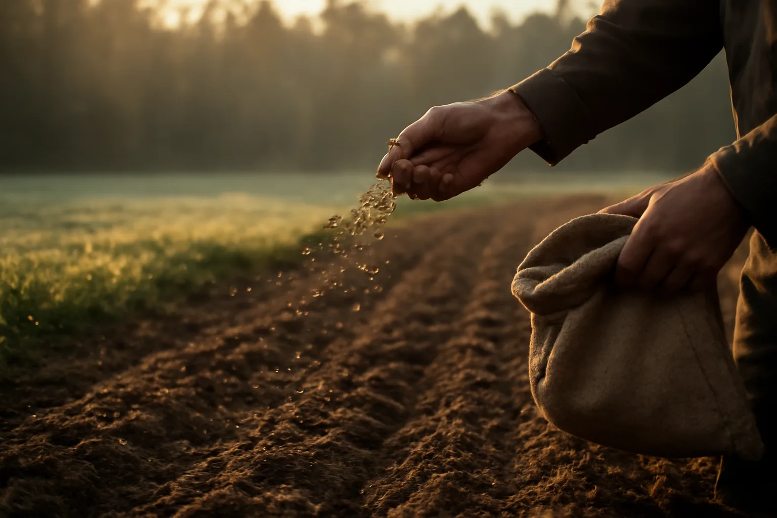 Hand broadcasting seed over disked soil for a throw and grow food plot at sunrise