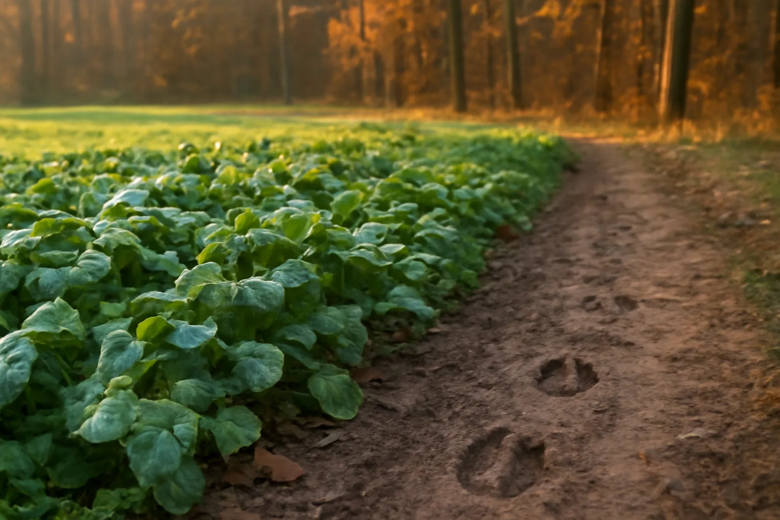 frosty food plot with clover and turnips bordering autumn hardwoods at dusk