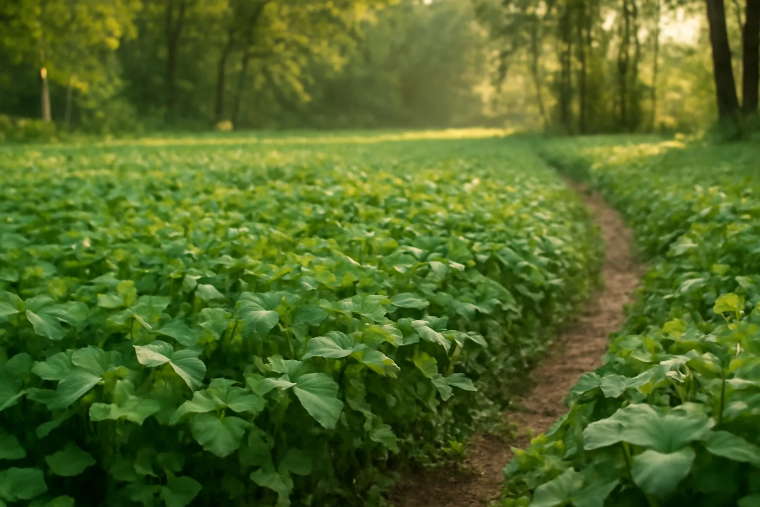 Green summer food plot of clover and soybeans bordered by hardwood trees at dawn