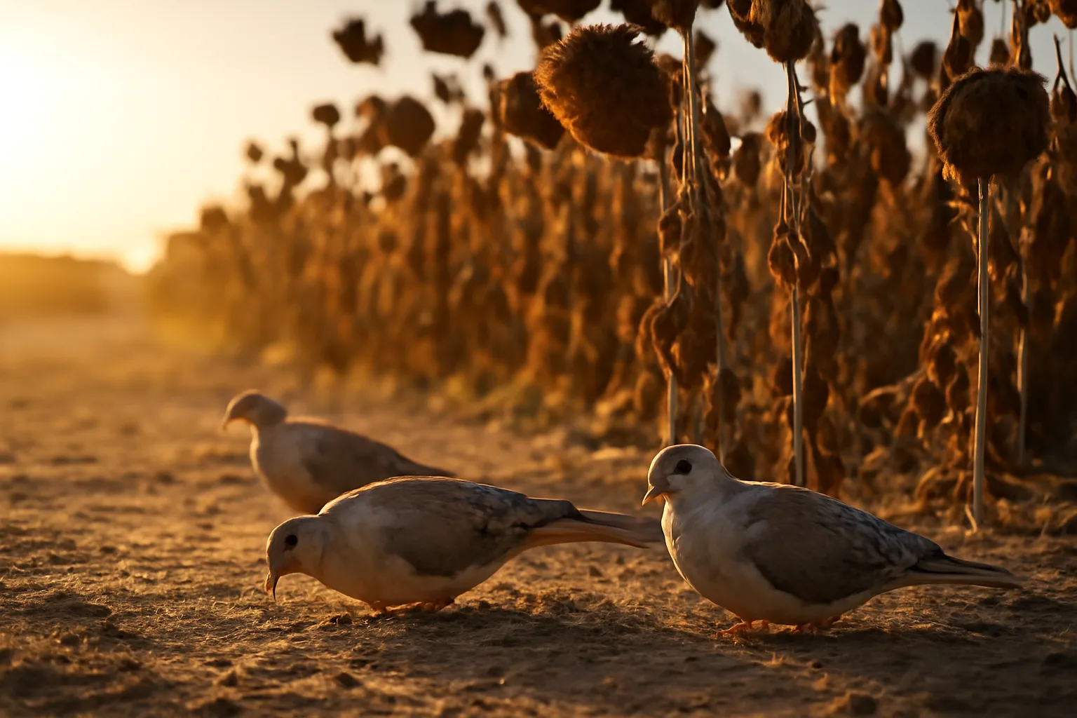 Doves feeding on scattered seed in a disked dove food plot field
