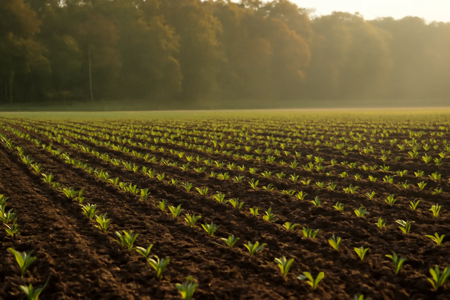 Young fall food plot seedlings growing in tilled soil near a forest edge