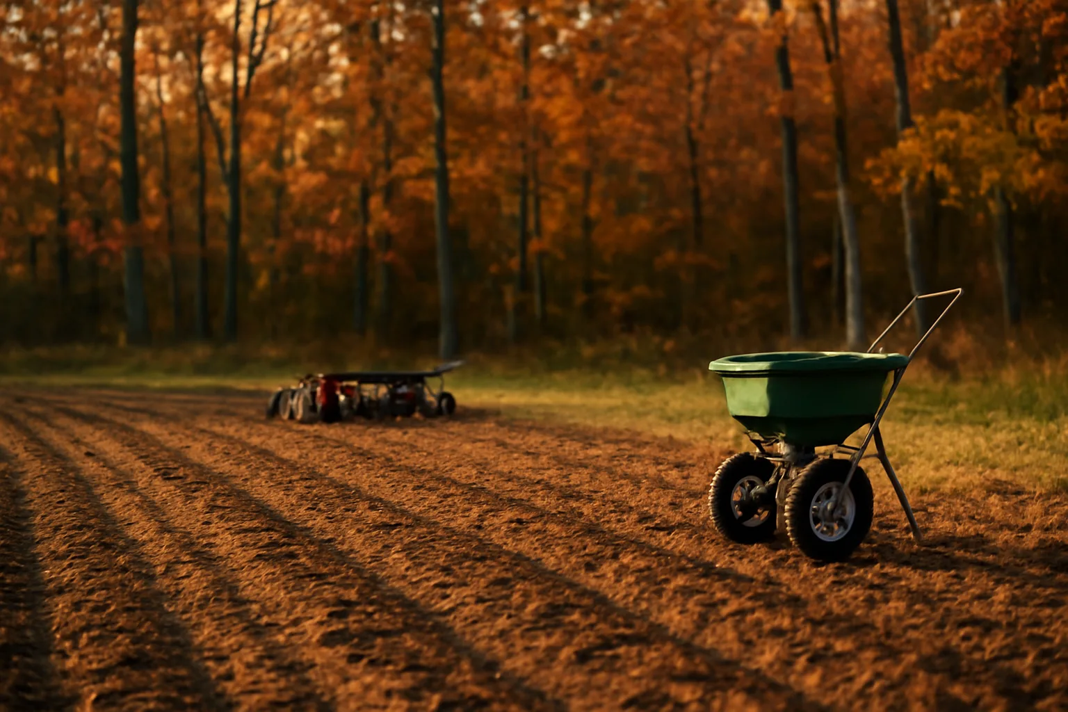 Freshly tilled food plot clearing in the woods with farm equipment at the tree line