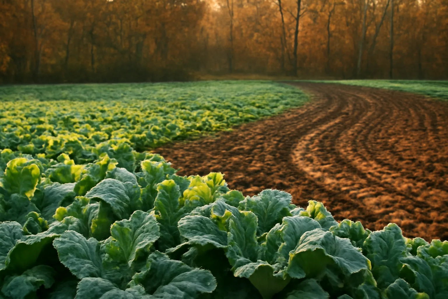 Frost-covered brassica food plot for deer bordered by autumn hardwood timber