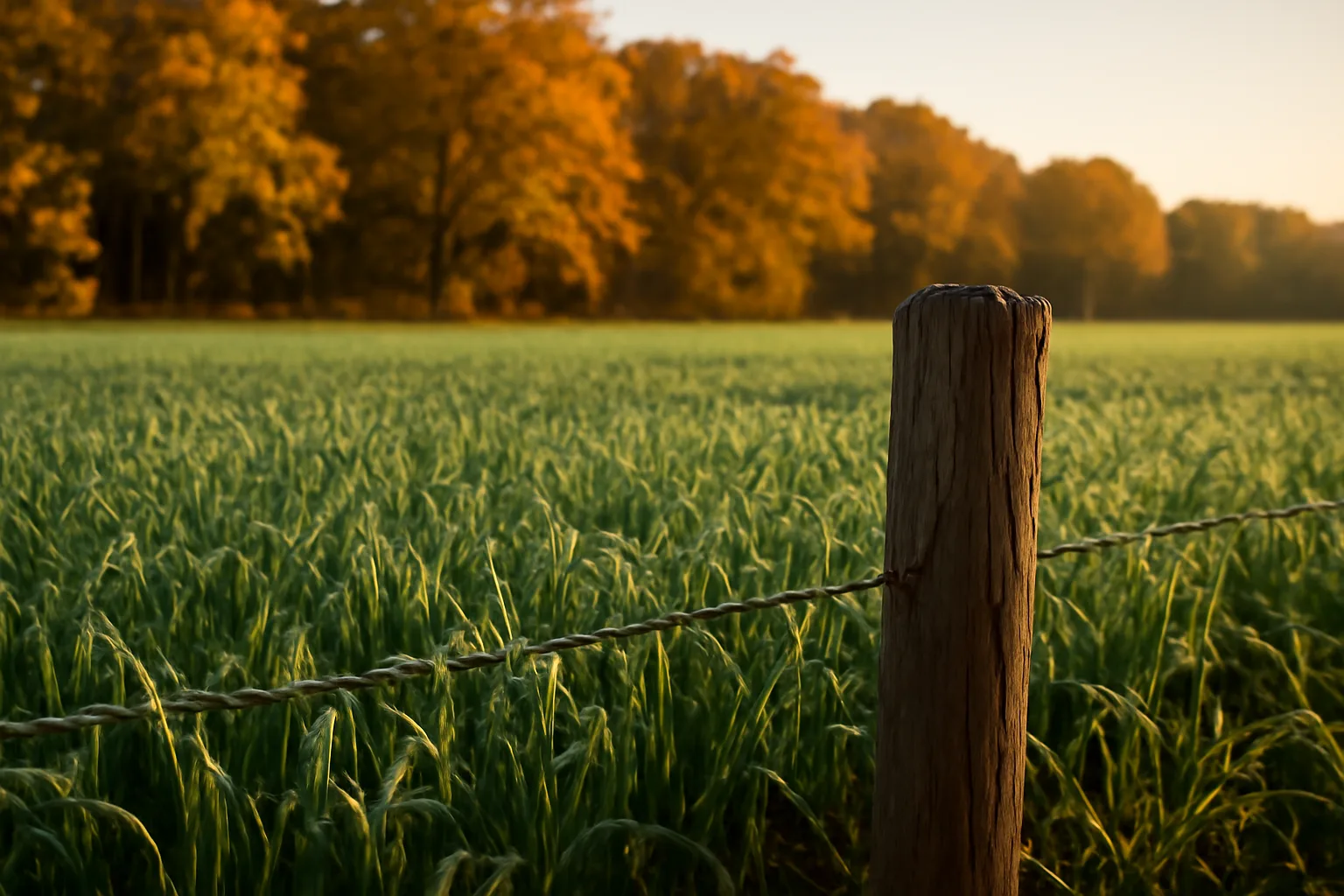 Young green wheat food plot at forest edge in early autumn light
