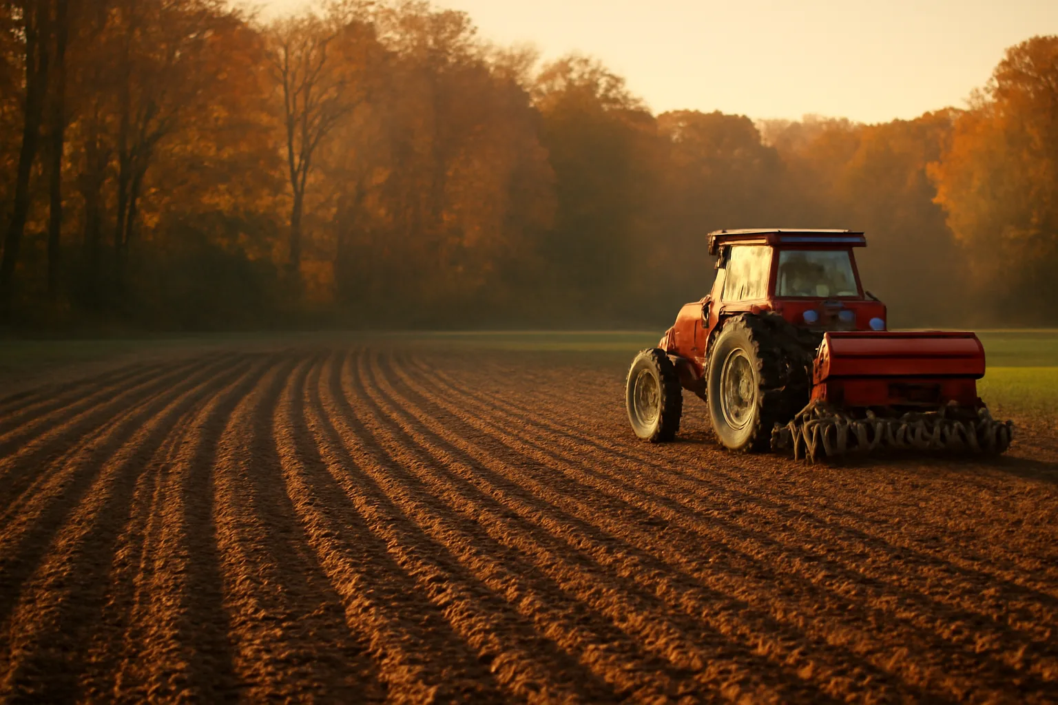 Freshly planted wheat food plot rows at forest edge in fall light