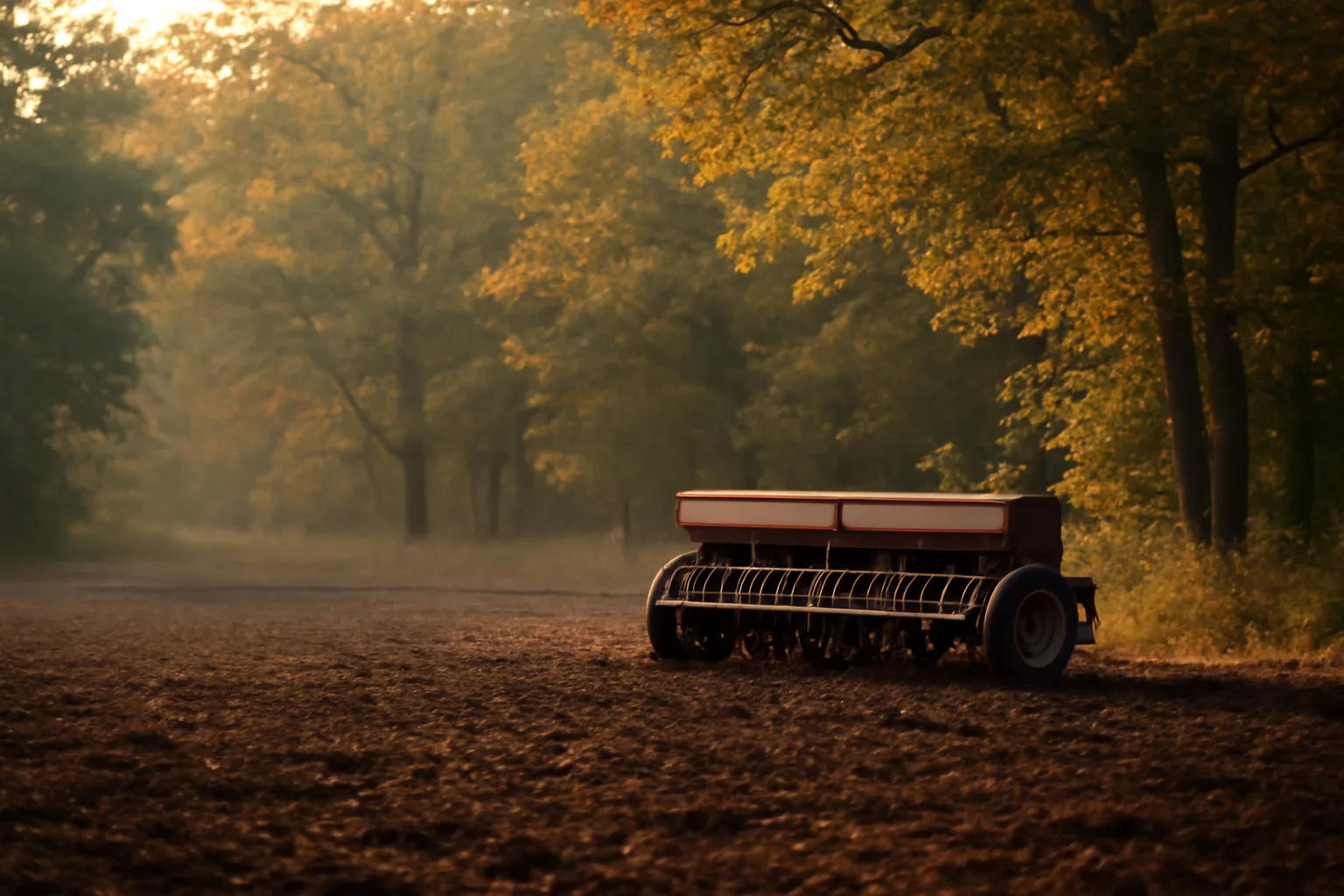 Freshly tilled fall food plot field edge at sunset near timber