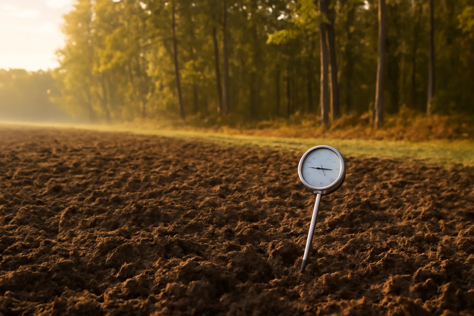 Freshly tilled food plot at dawn with a soil thermometer in the foreground