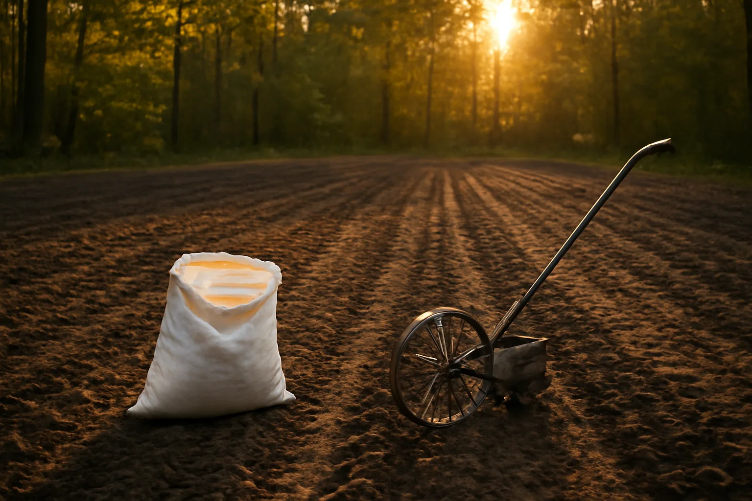 Freshly tilled food plot clearing at golden hour ready for fall deer planting