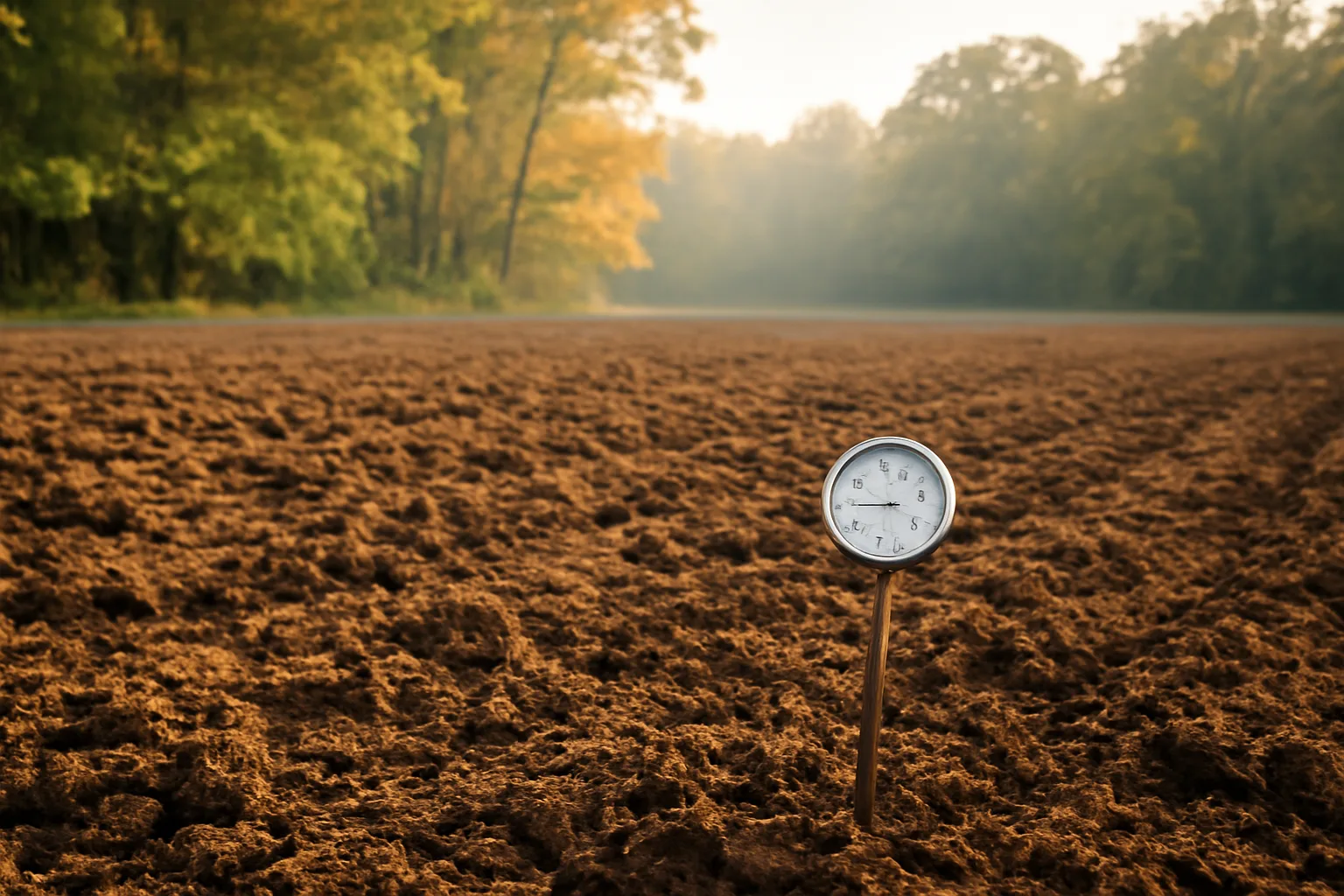 Freshly tilled food plot field at golden hour with soil thermometer in dirt
