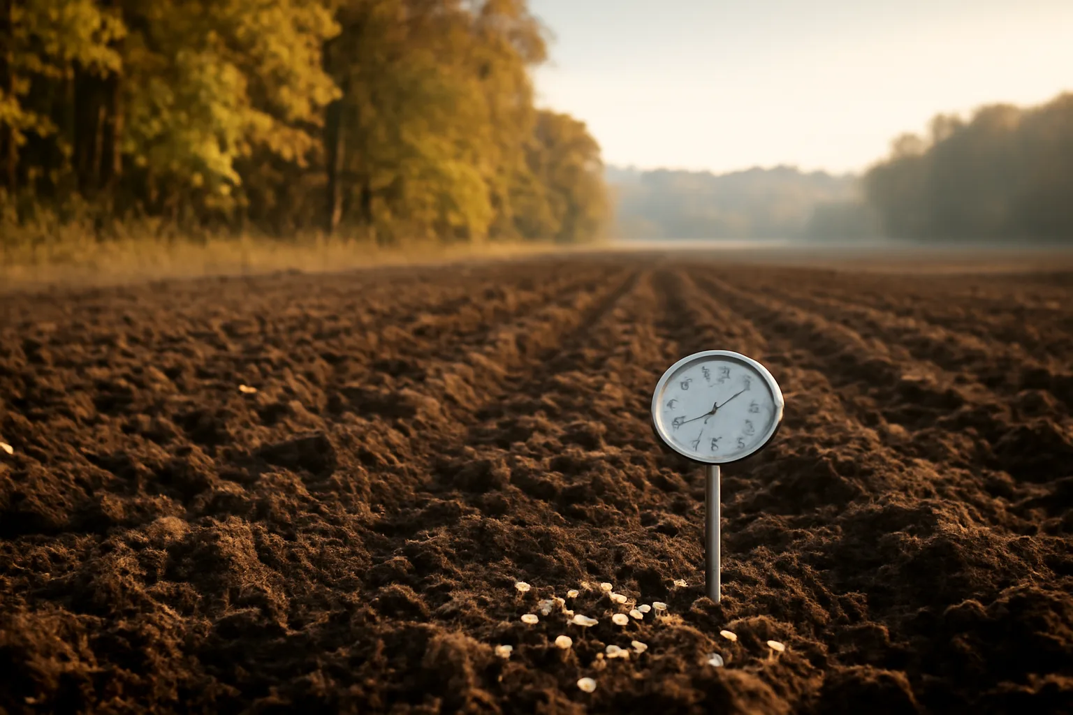 Freshly tilled food plot field with soil thermometer at golden hour in early fall