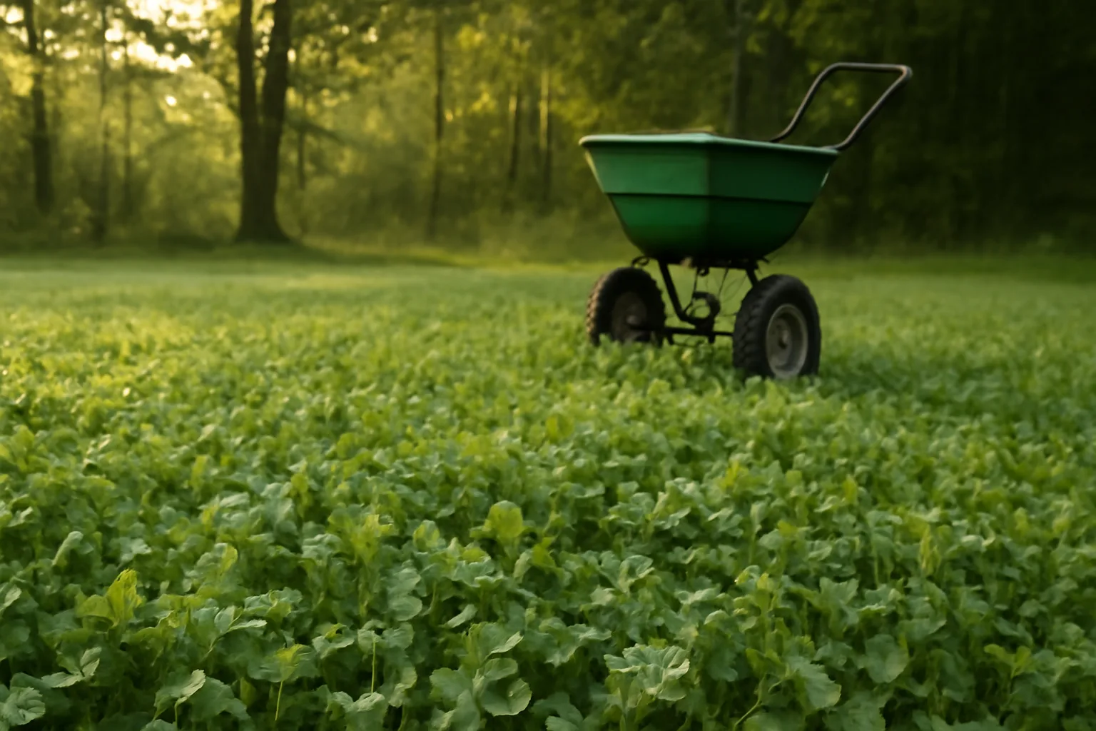 Broadcast spreader beside a dew-covered clover food plot at forest edge in early morning light