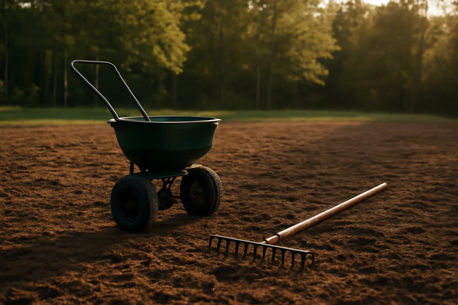 Freshly tilled forest food plot clearing ready for planting in late-day light
