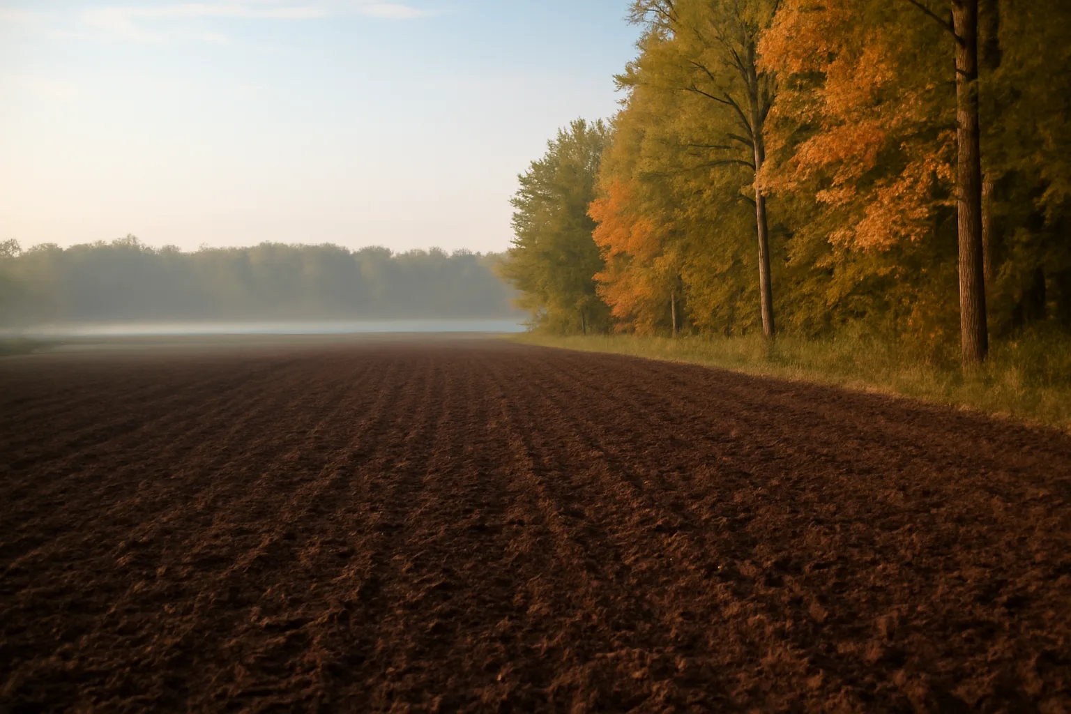 Freshly tilled food plot clearing bordered by autumn hardwoods at sunrise
