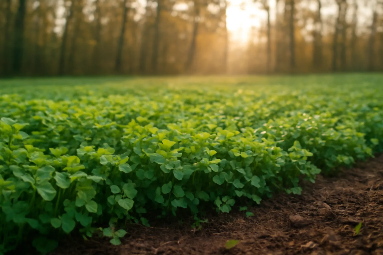 Young clover food plot growing in a forest clearing at sunrise