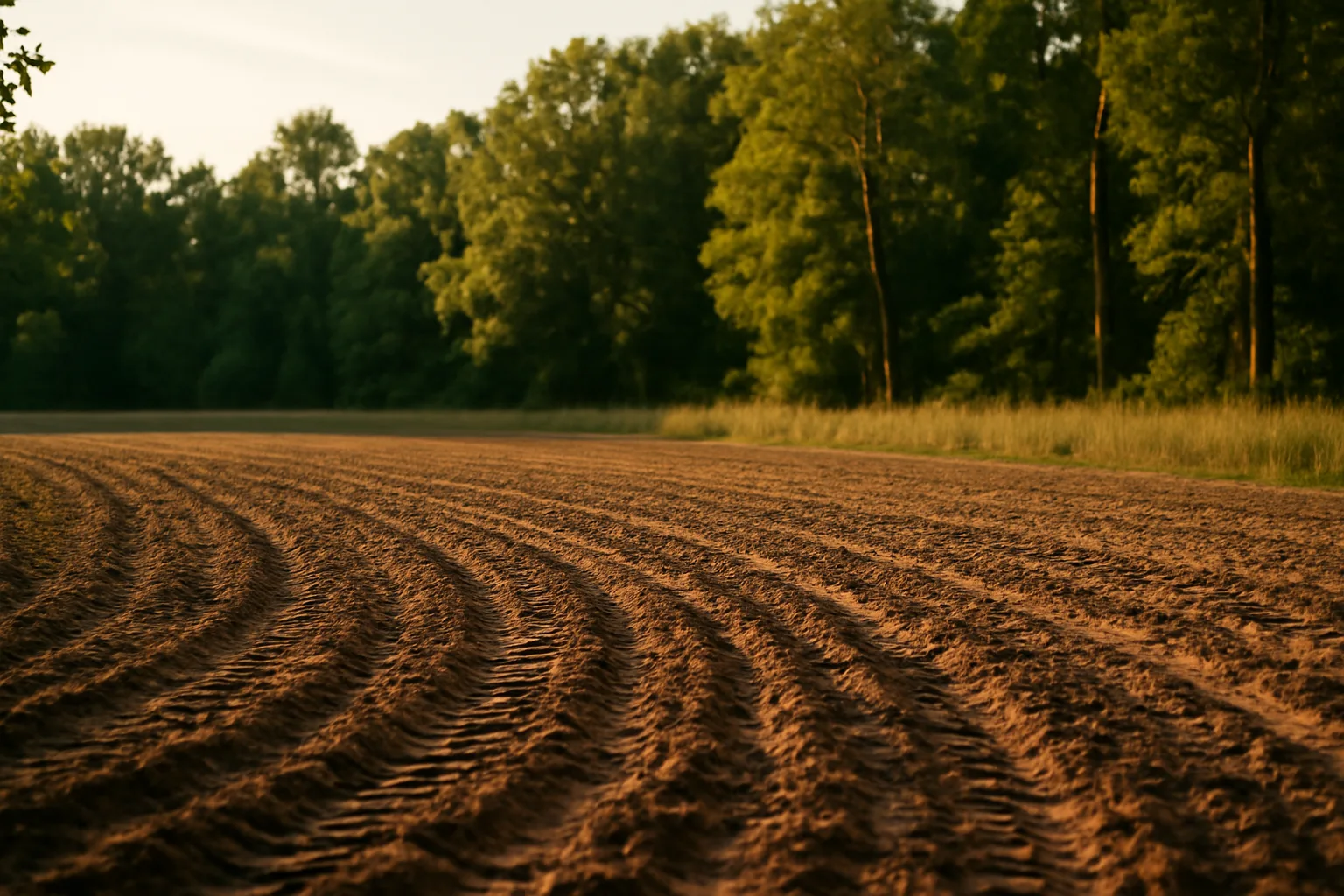 Freshly tilled food plot ground bordered by autumn tree line before fall planting