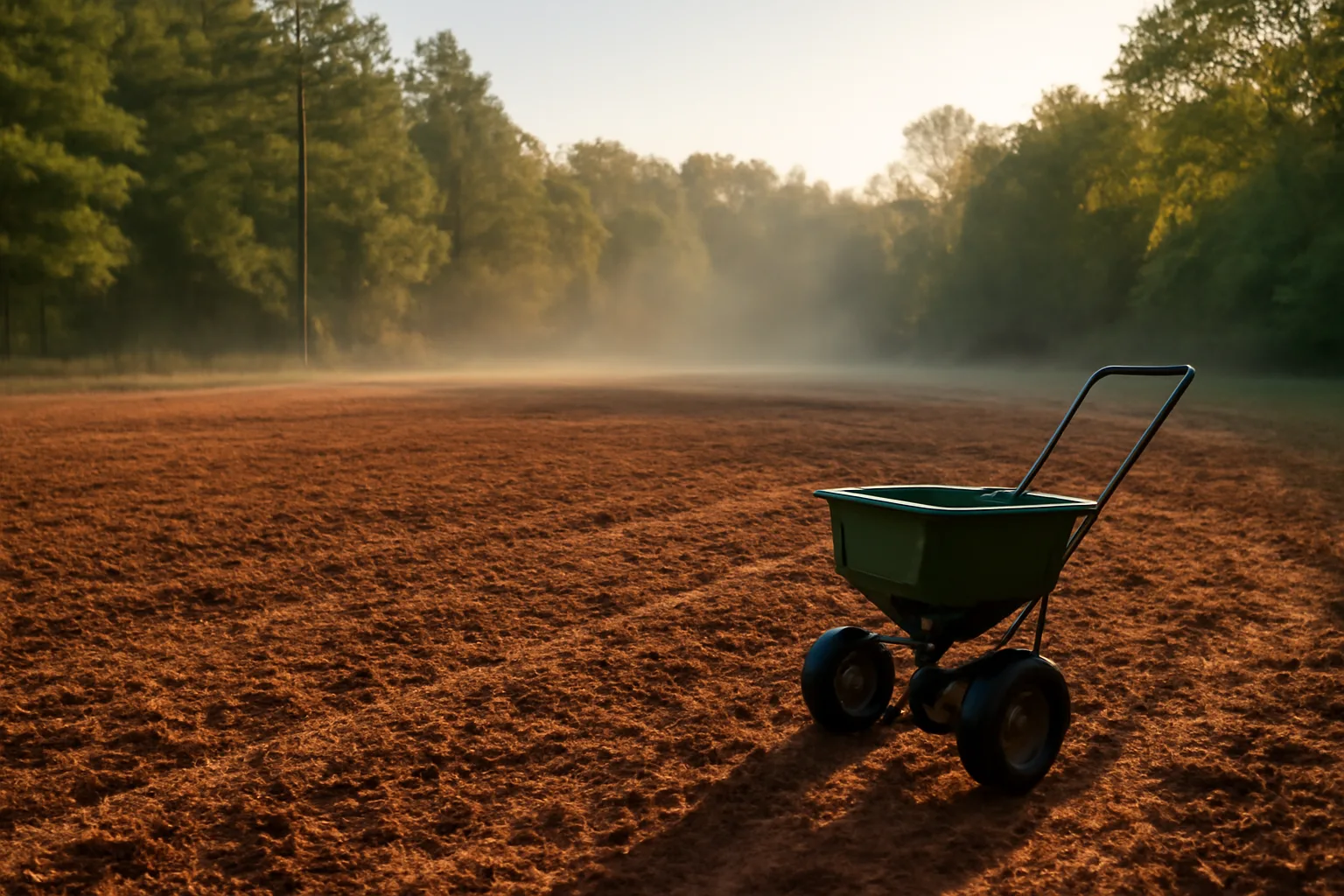 Freshly tilled Georgia food plot at dawn ready for fall planting near woods