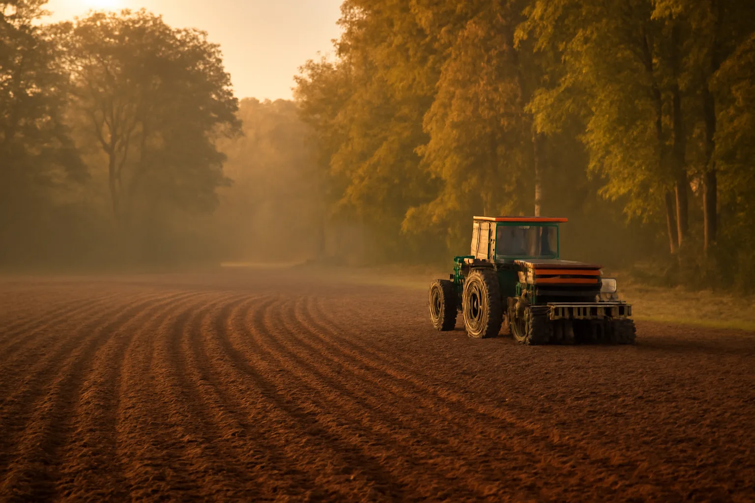Freshly planted fall food plot field edge at golden hour near woods