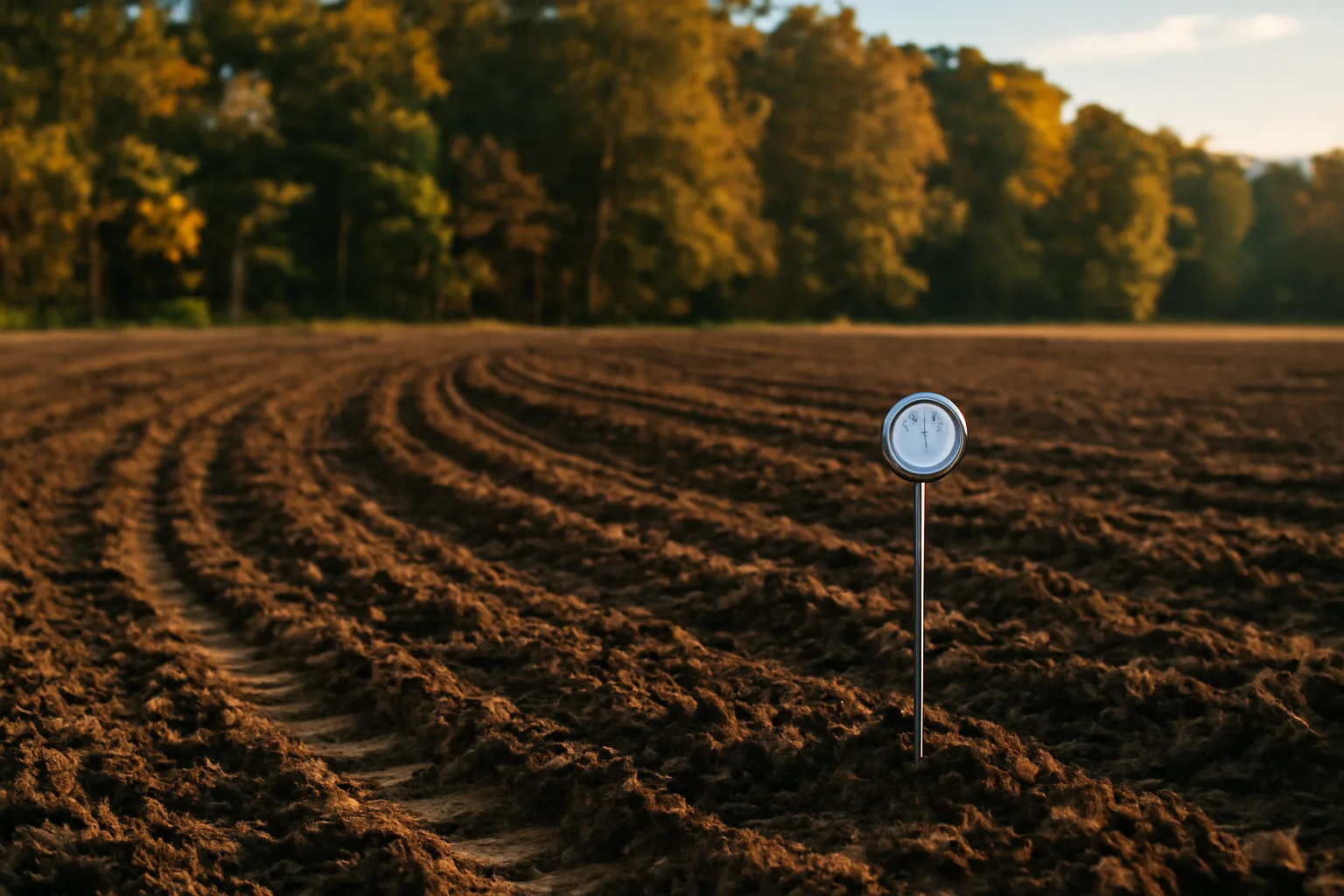 Freshly tilled food plot field edge at sunset before fall planting