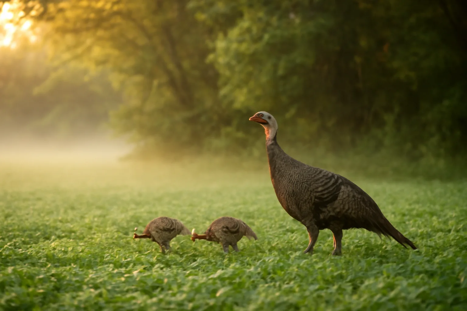 Wild turkey hen and poults feeding in a spring clover food plot at dawn
