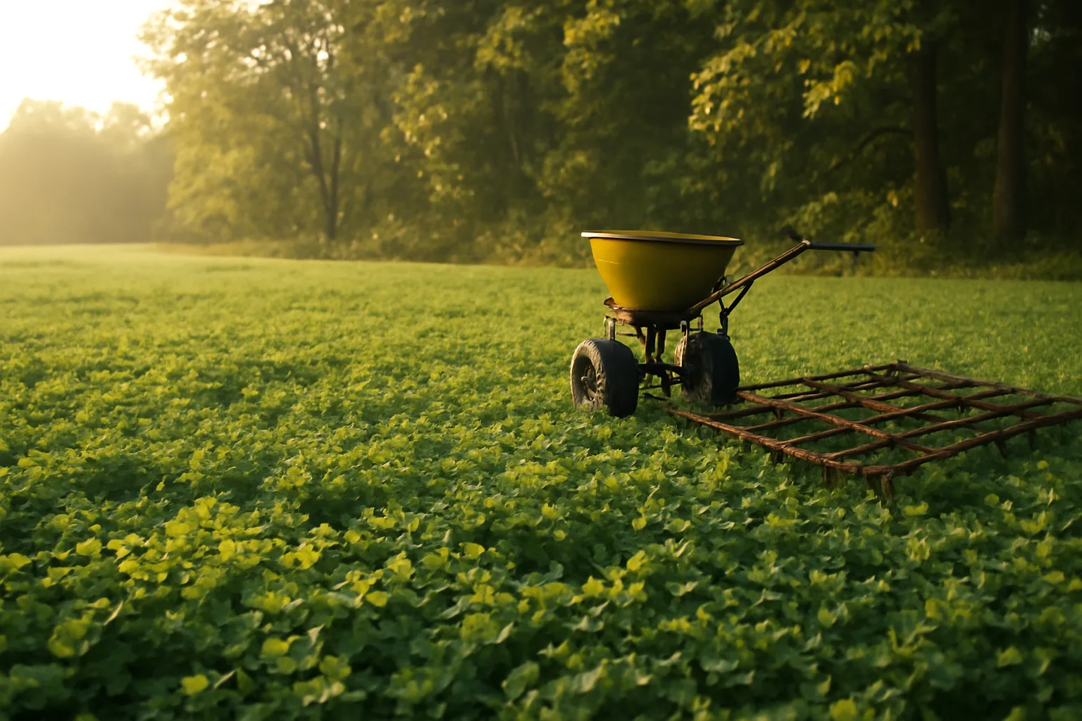 No-plow clover food plot at dusk with seeder and drag harrow at the tree line