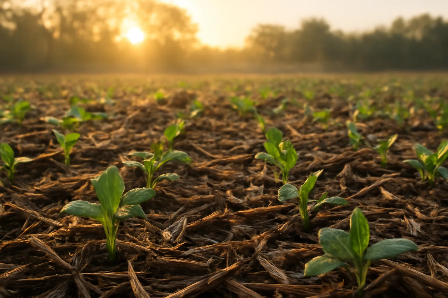 Young food plot seedlings emerging through no-till crop residue at sunset
