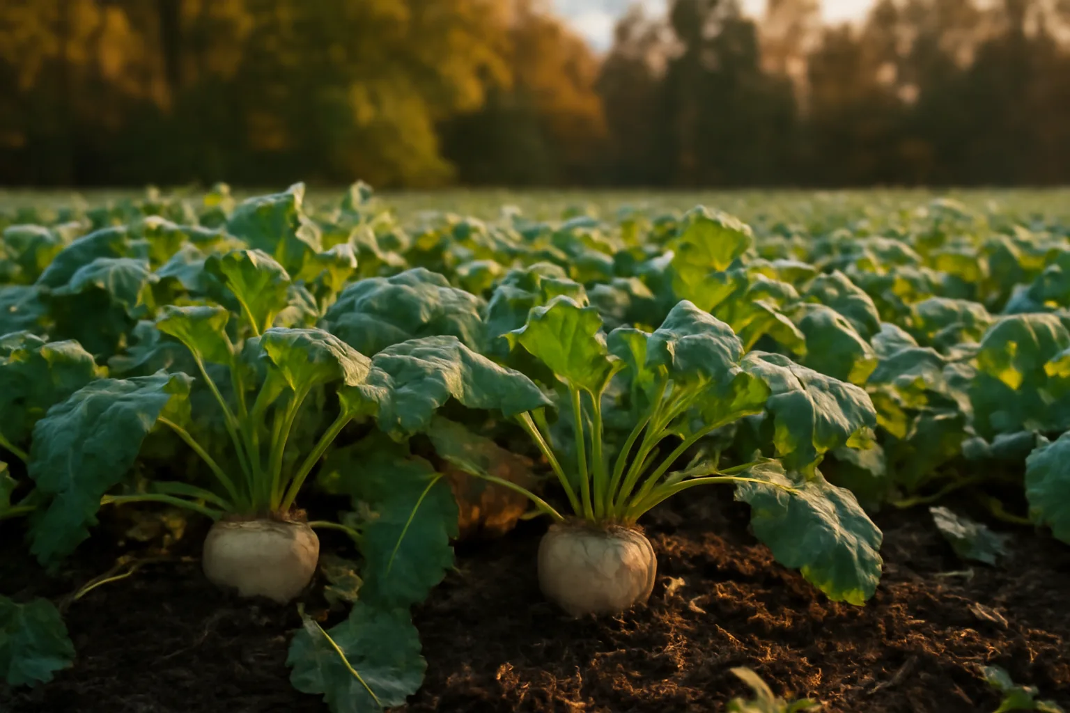 Frost-tinged radish and turnip food plot with tree line at dusk